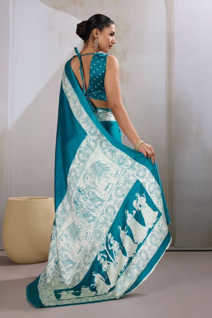 Buy MySilkLove Water Blue Modal Ajrakh Printed Satin Silk Saree Online