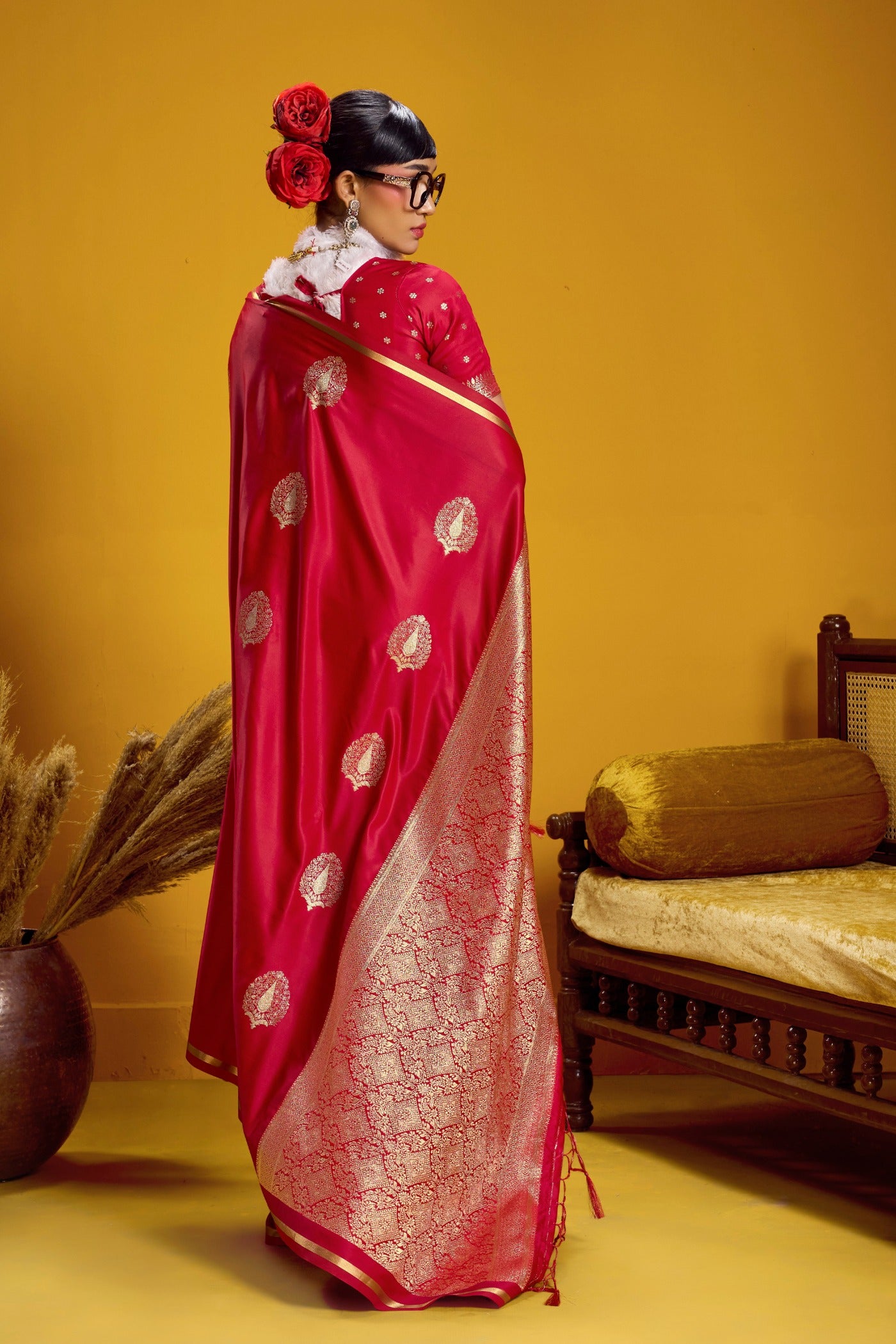 Buy MySilkLove Ruby Red Handloom Satin Silk Saree Online