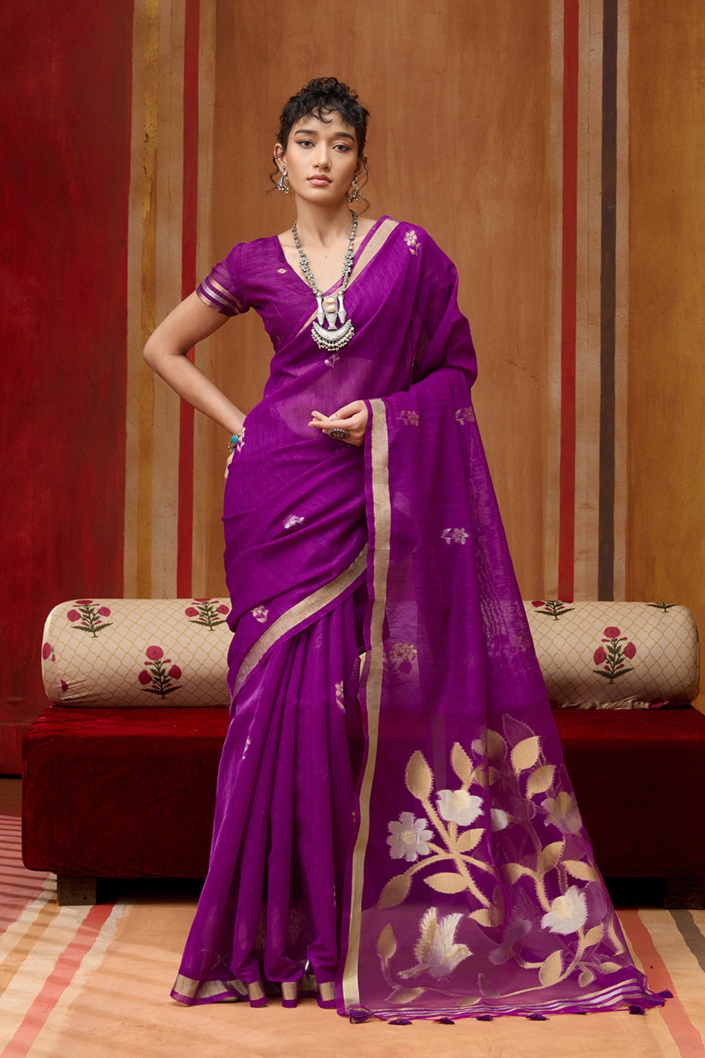 Buy MySilkLove Daisy Purple Handloom Munga Cotton Saree Online