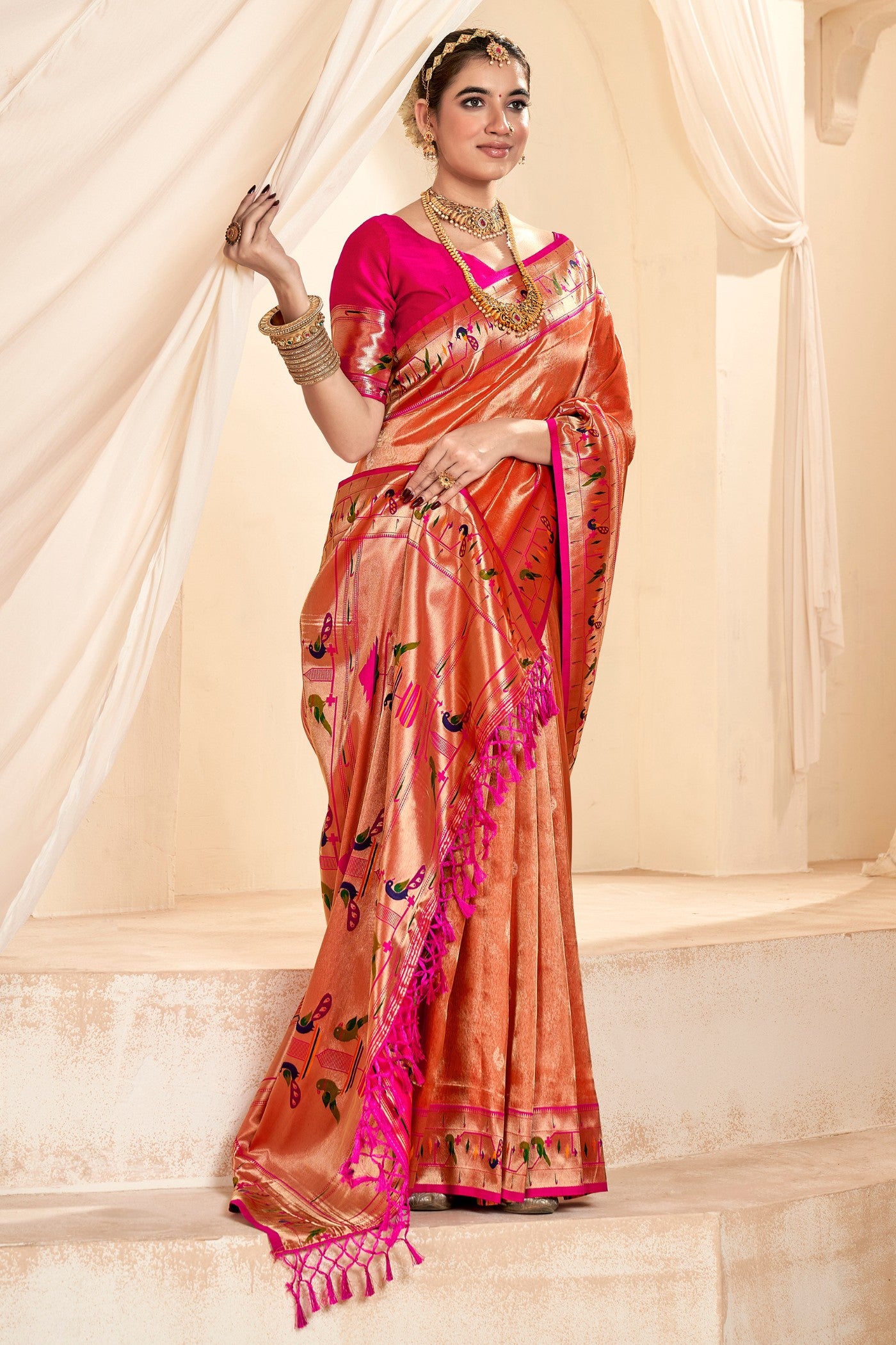 Buy MySilkLove Atomic Orange Zari Woven Paithani Tissue Saree Online