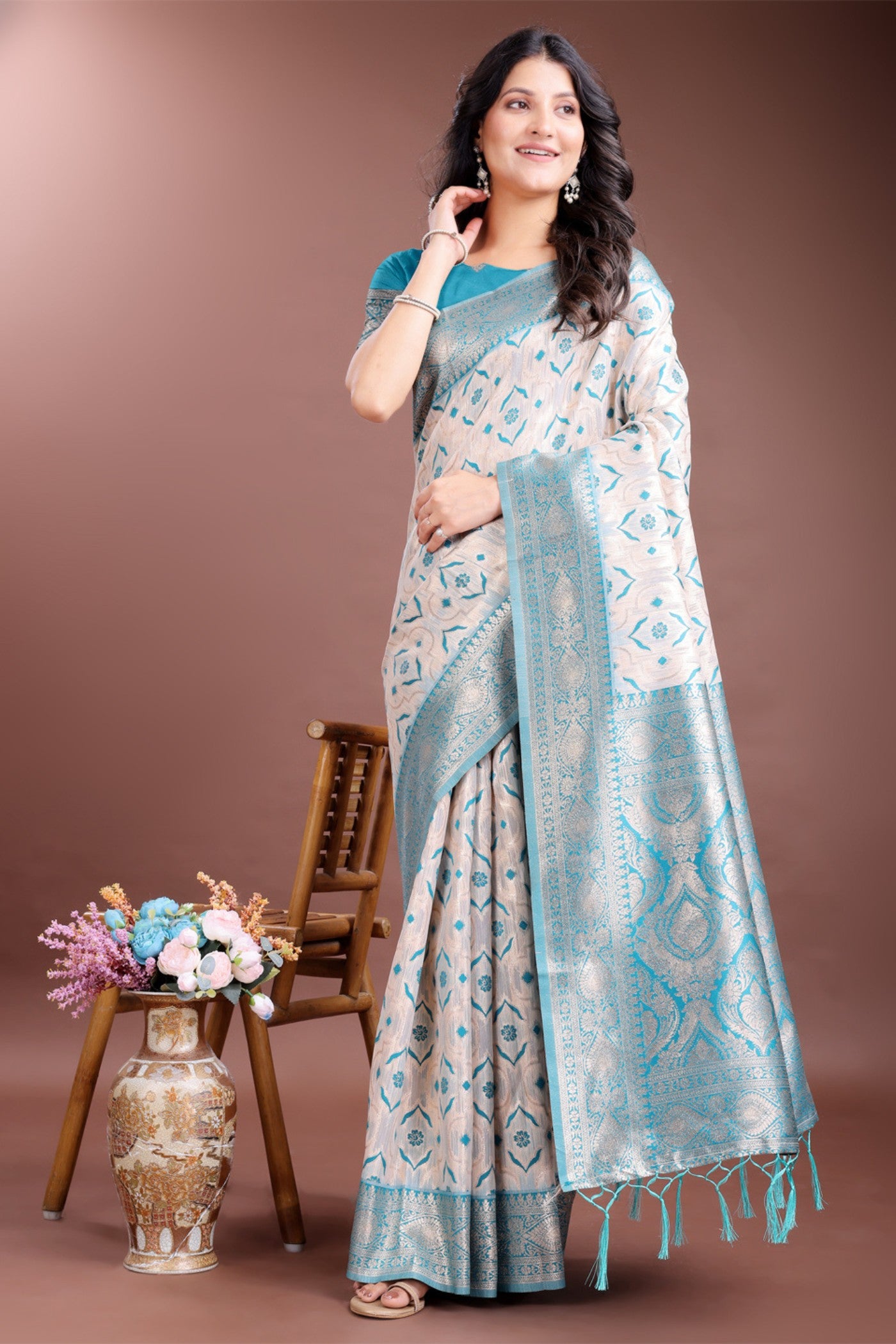 Buy MySilkLove Capri Blue and White Linen Cotton Saree Online