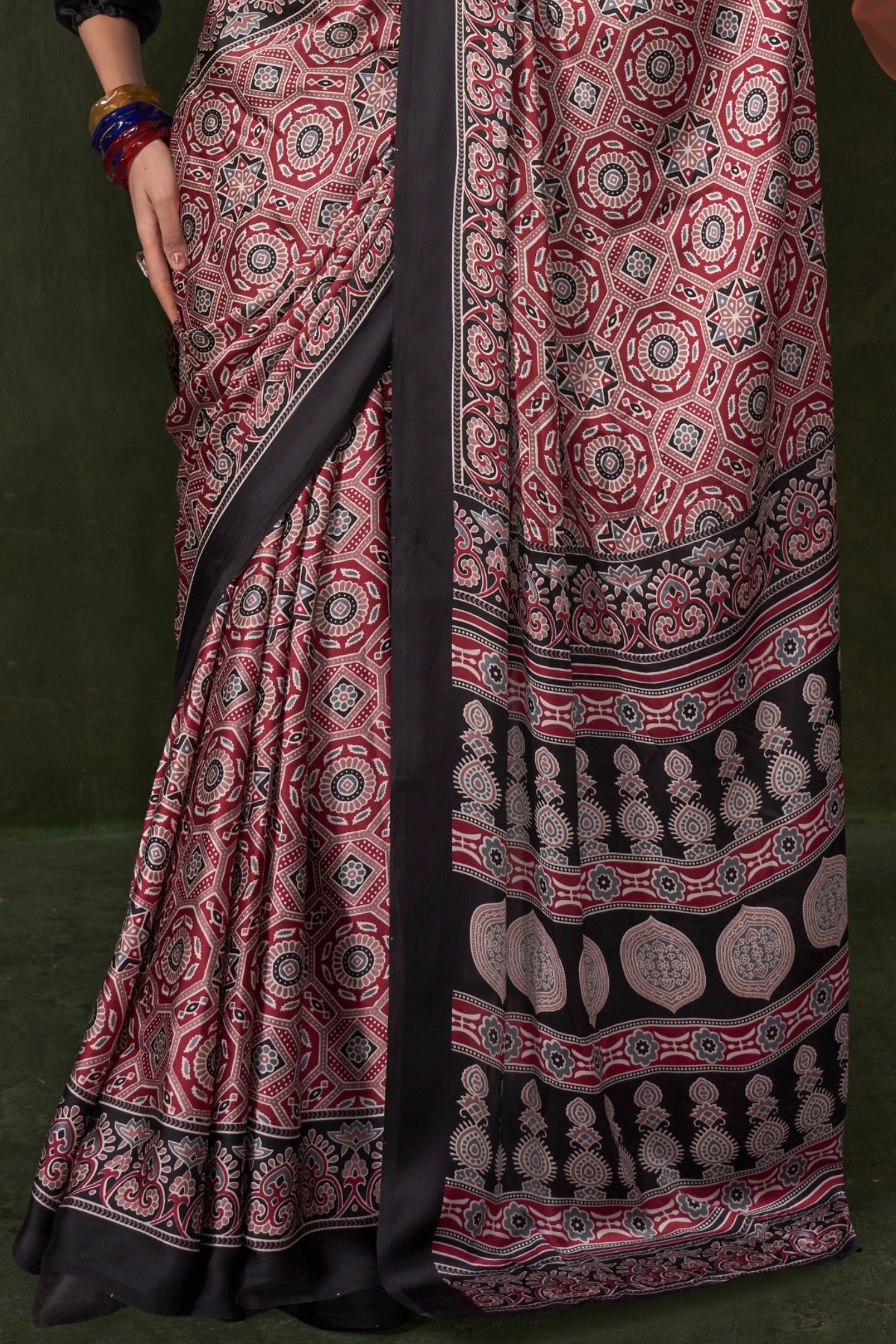 Buy MySilkLove Currant Maroon and Black Ajrakh Printed Satin Crepe Silk Saree Online