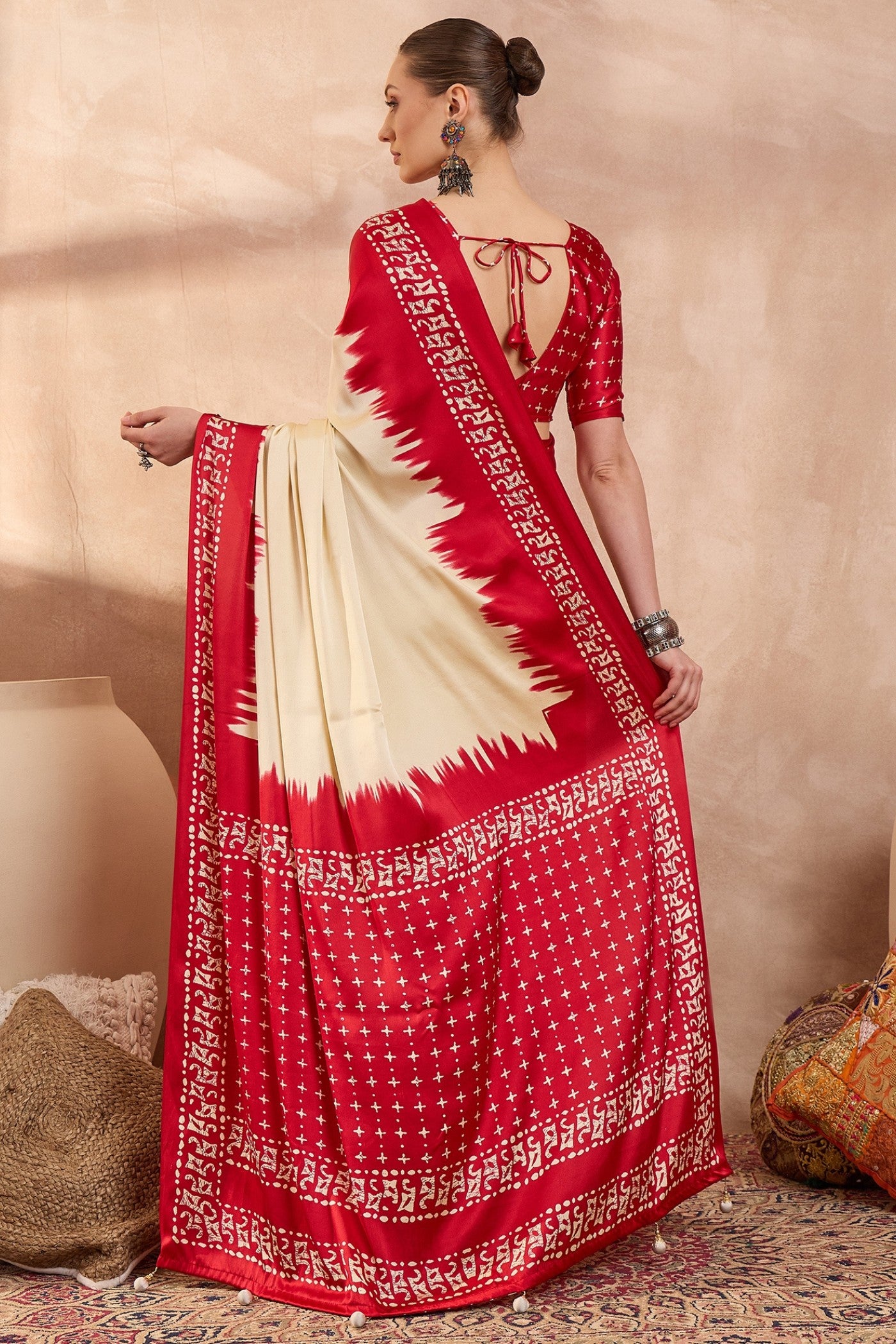Buy MySilkLove Seashell Cream Printed Satin Crepe Silk Saree Online