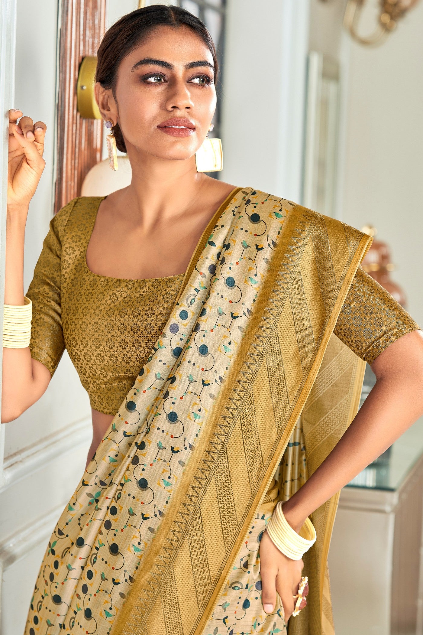 MySilkLove Twine Cream and Yellow Digital Printed Banarasi Saree