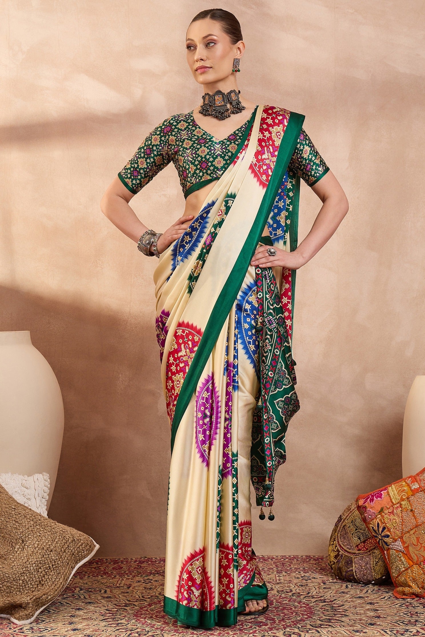 Buy MySilkLove Buttery Cream and Green Modal Ajrakh Printed Silk Saree Online