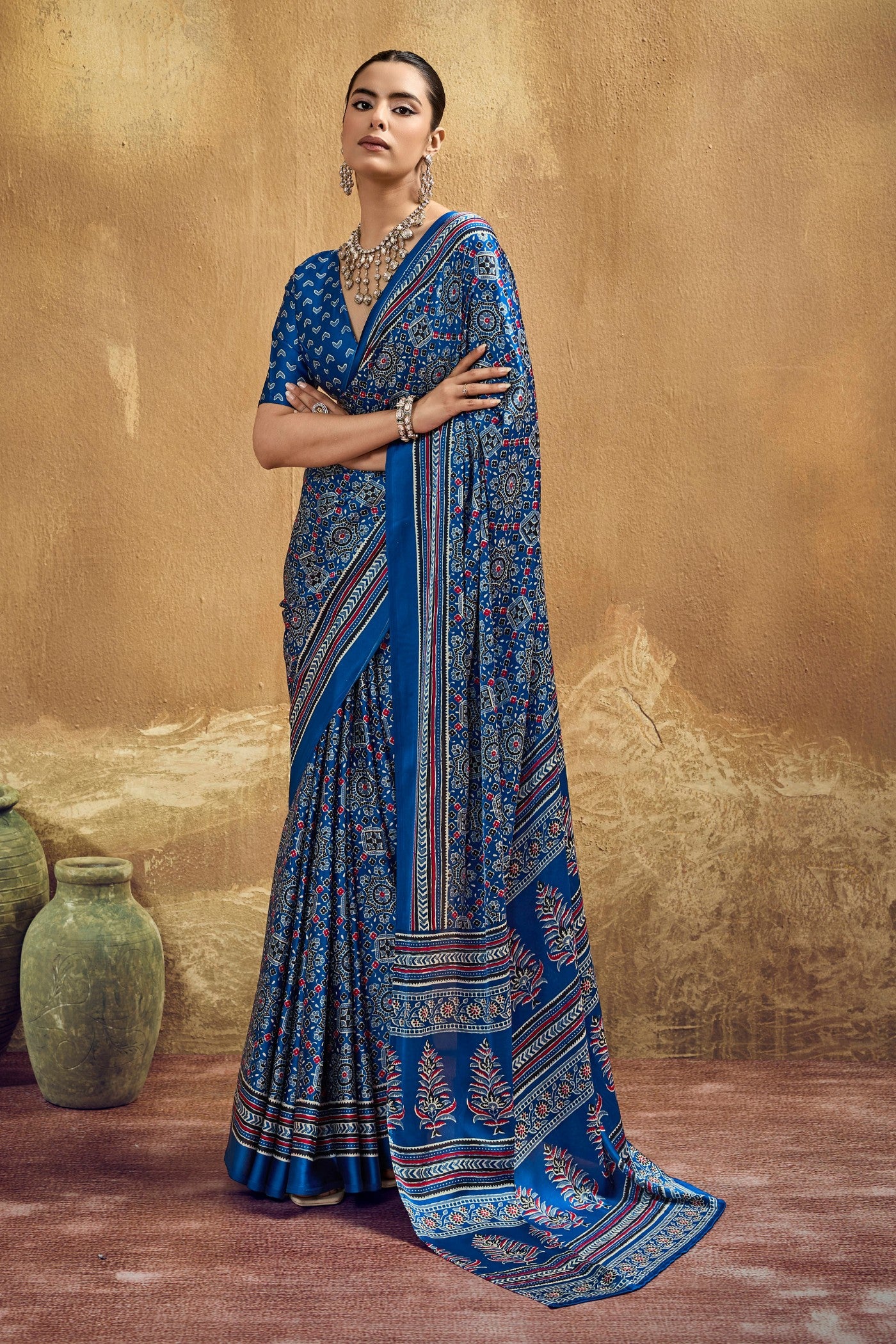 Buy MySilkLove Arctic Blue Modal Ajrakh Satin Printed Silk Saree Online