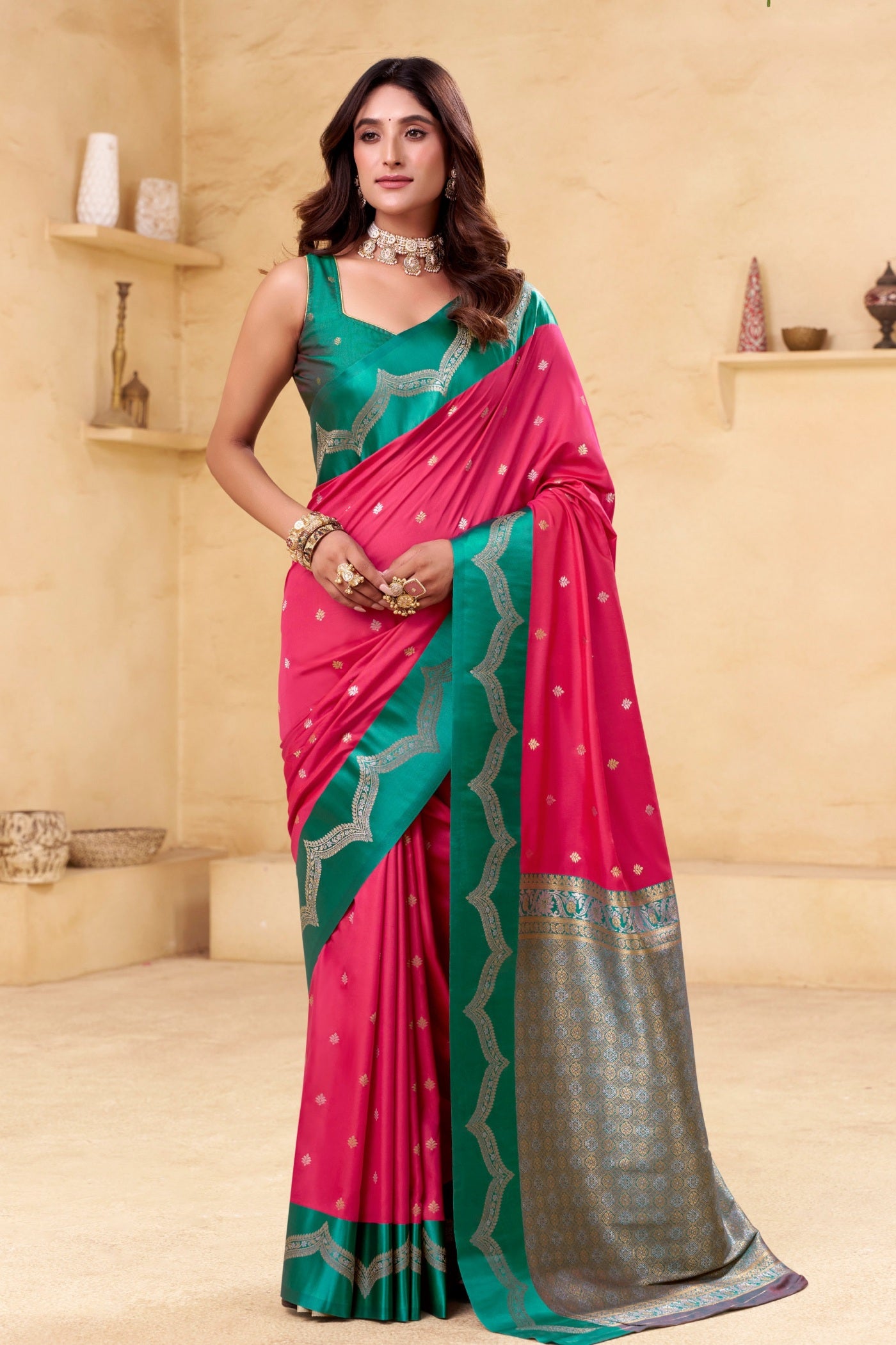 Buy MySilkLove Jam Pink Woven Banarasi Satin Soft Silk Saree Online