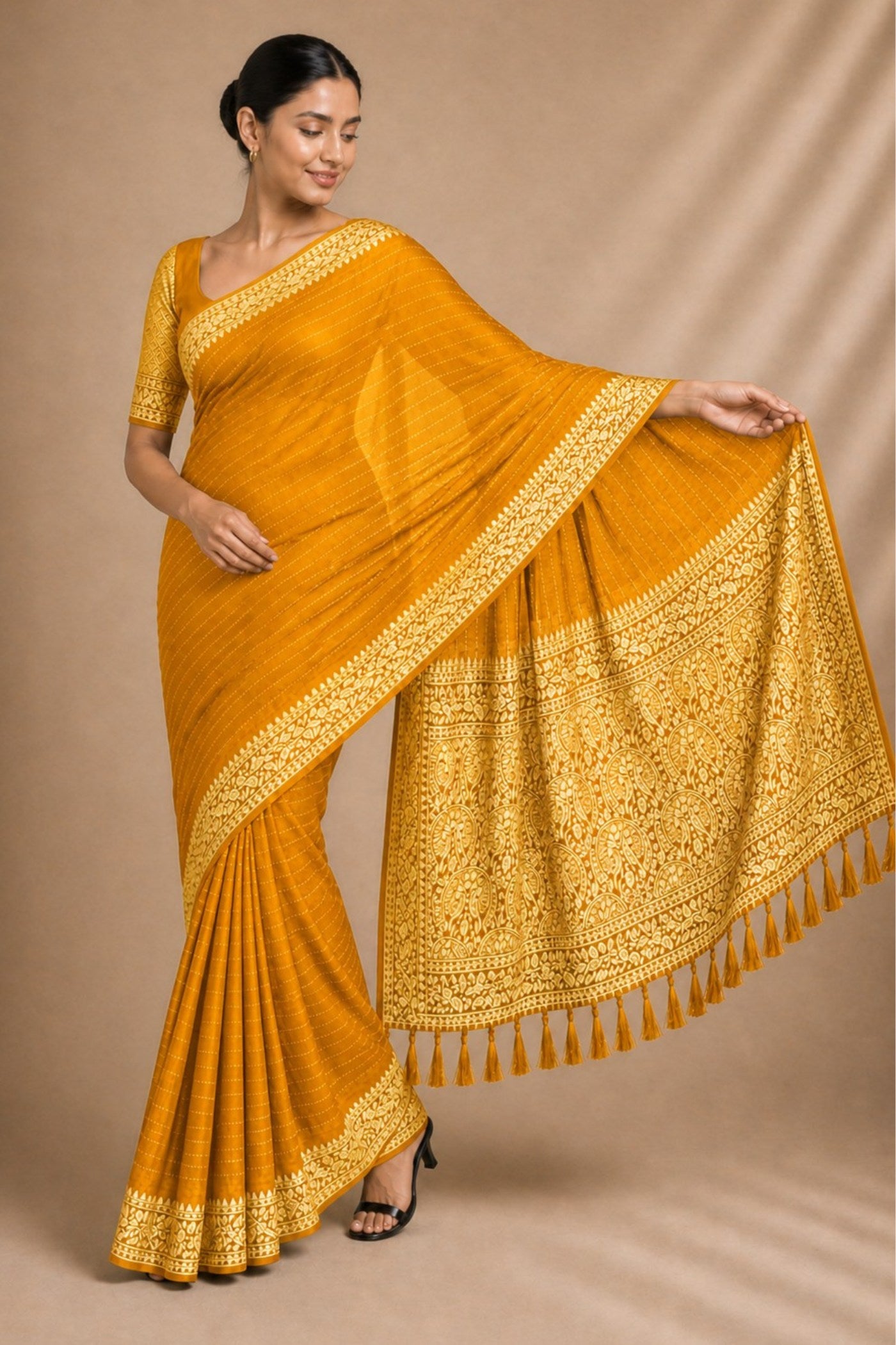 Buy MySilkLove Marigold Yellow Woven Chiffon Saree Online