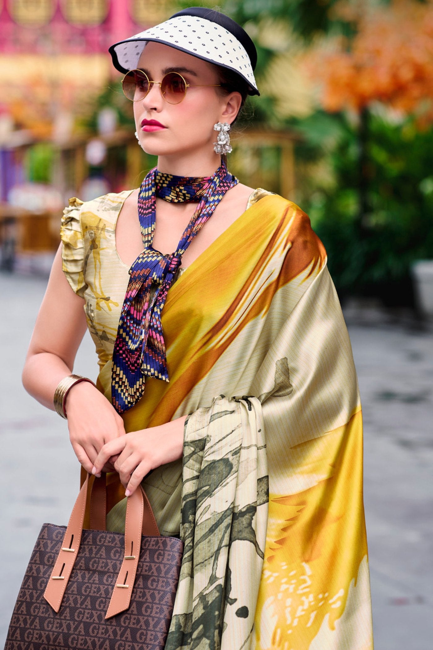 Buy MySilkLove Copper Yellow Printed Satin Crepe Silk Saree Online