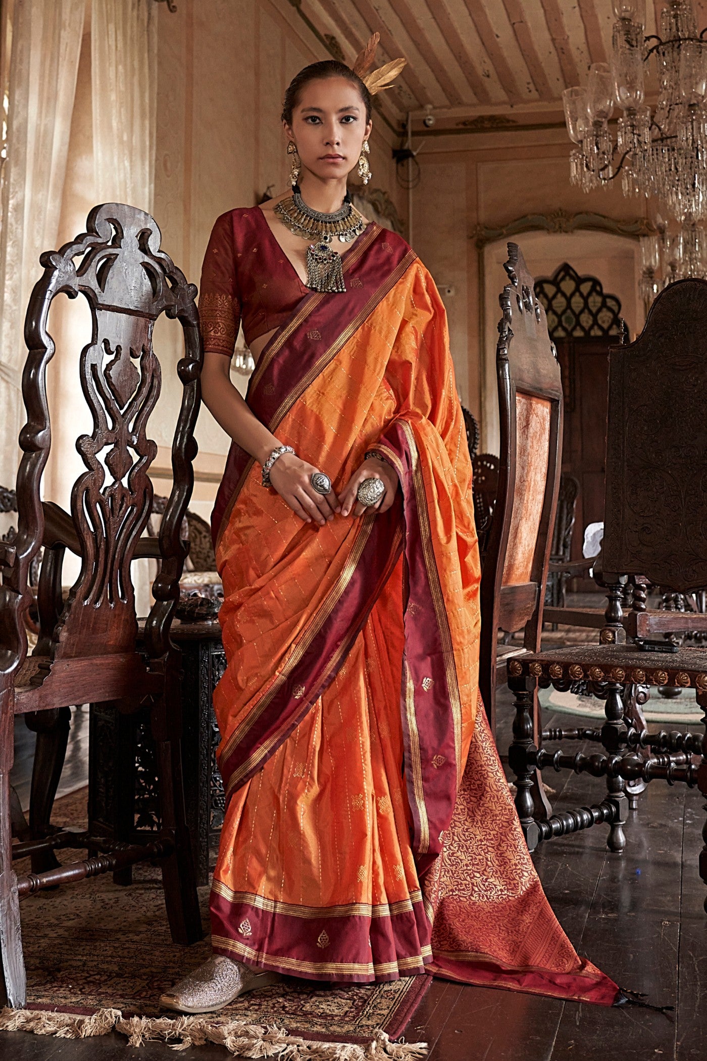 Buy MySilkLove Flame Orange Tussar Handloom Silk Saree Online