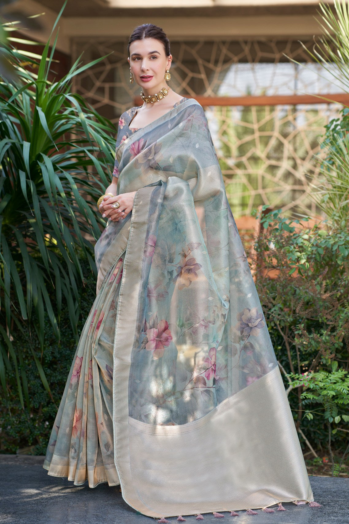 Buy MySilkLove Venus Grey Digital Printed Organza Saree Online