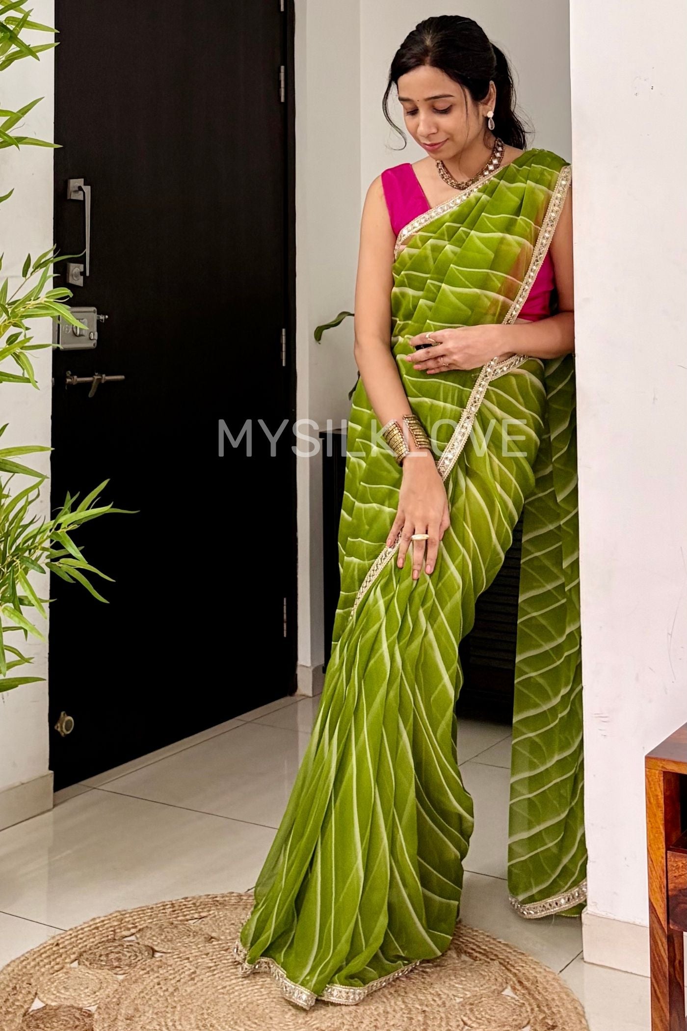MySilkLove Grass Green Designer Georgette Sraee