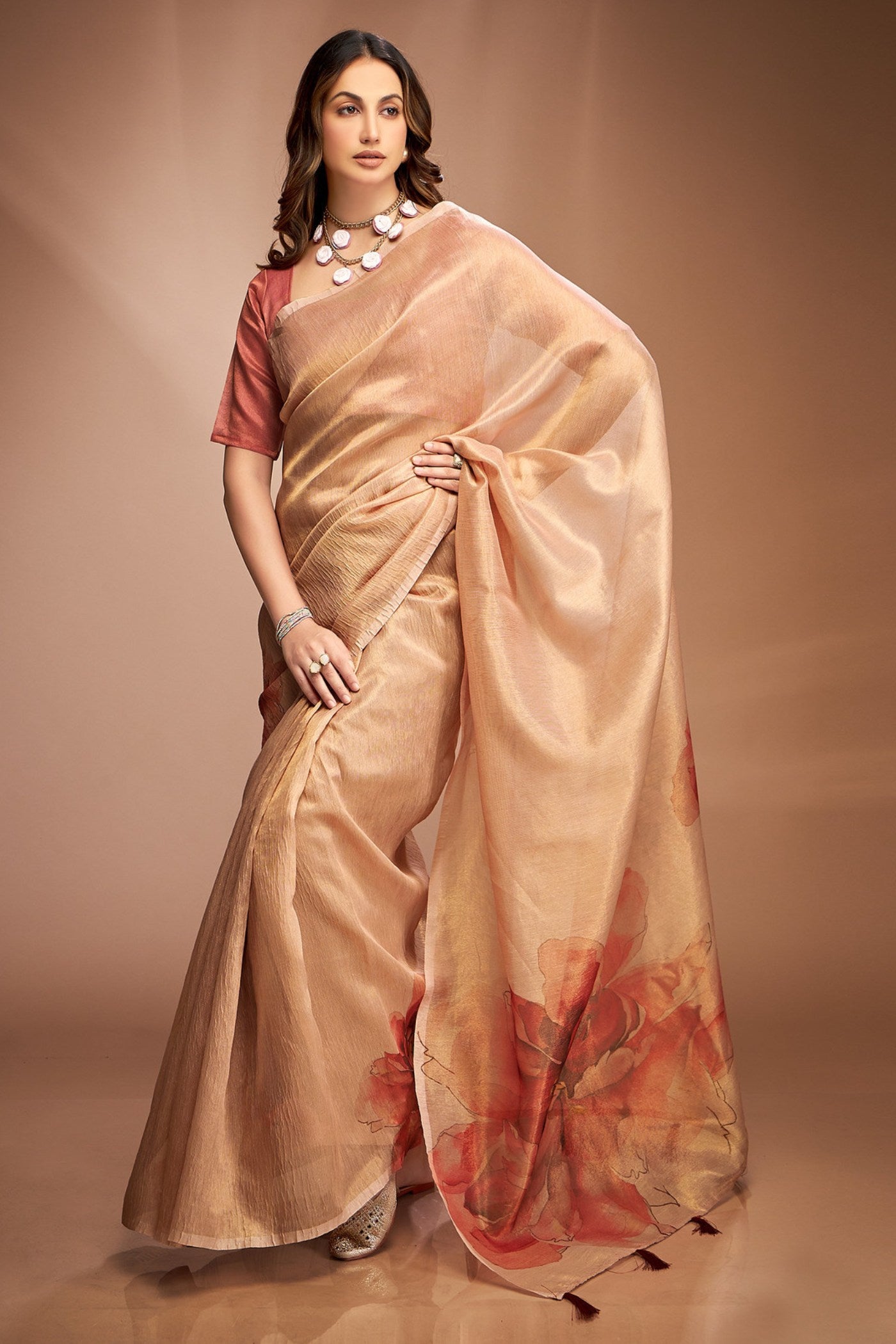 Buy MySilkLove Alabaster Cream Printed Tissue Saree Online