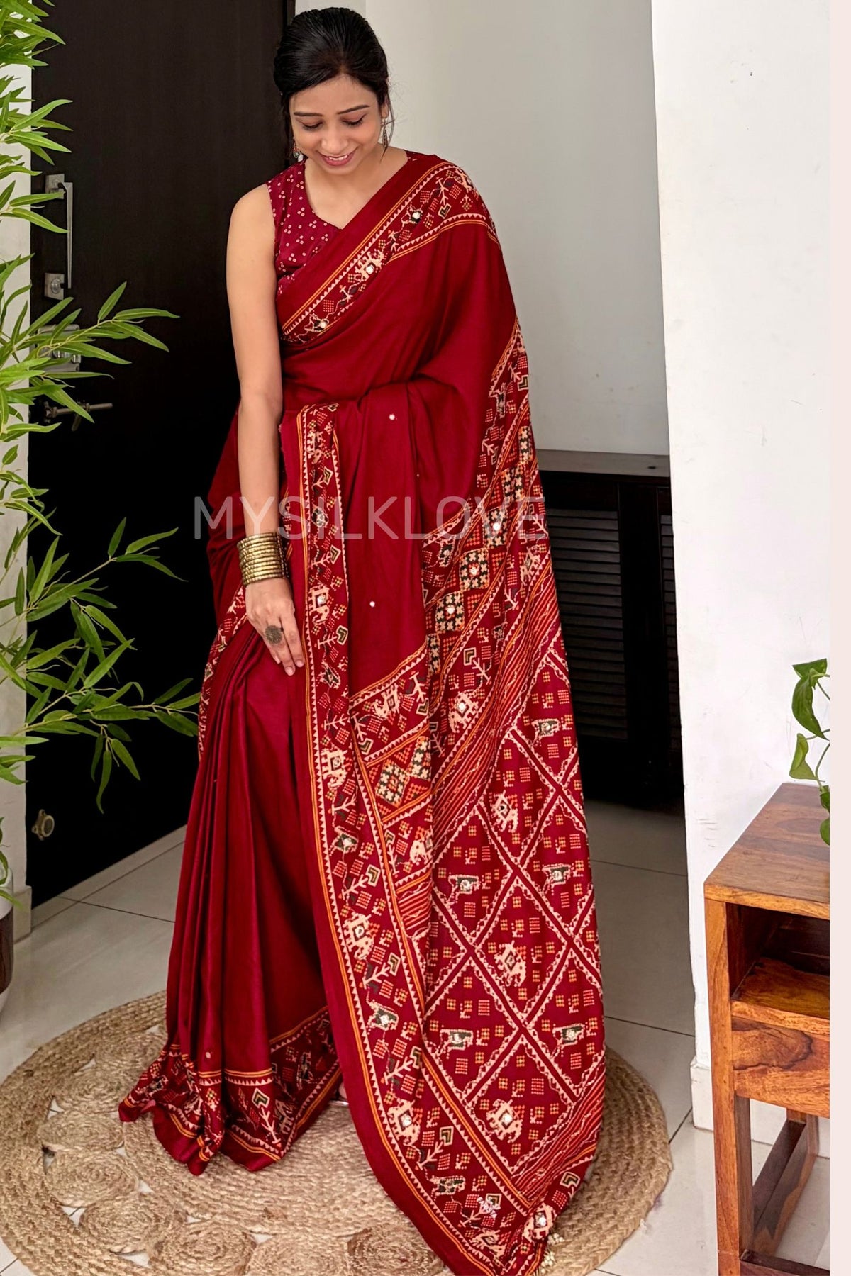 Buy MySilkLove Vermilion Red Patola Pallu Embroidery Mirror Work Modal Soft Silk Saree Online