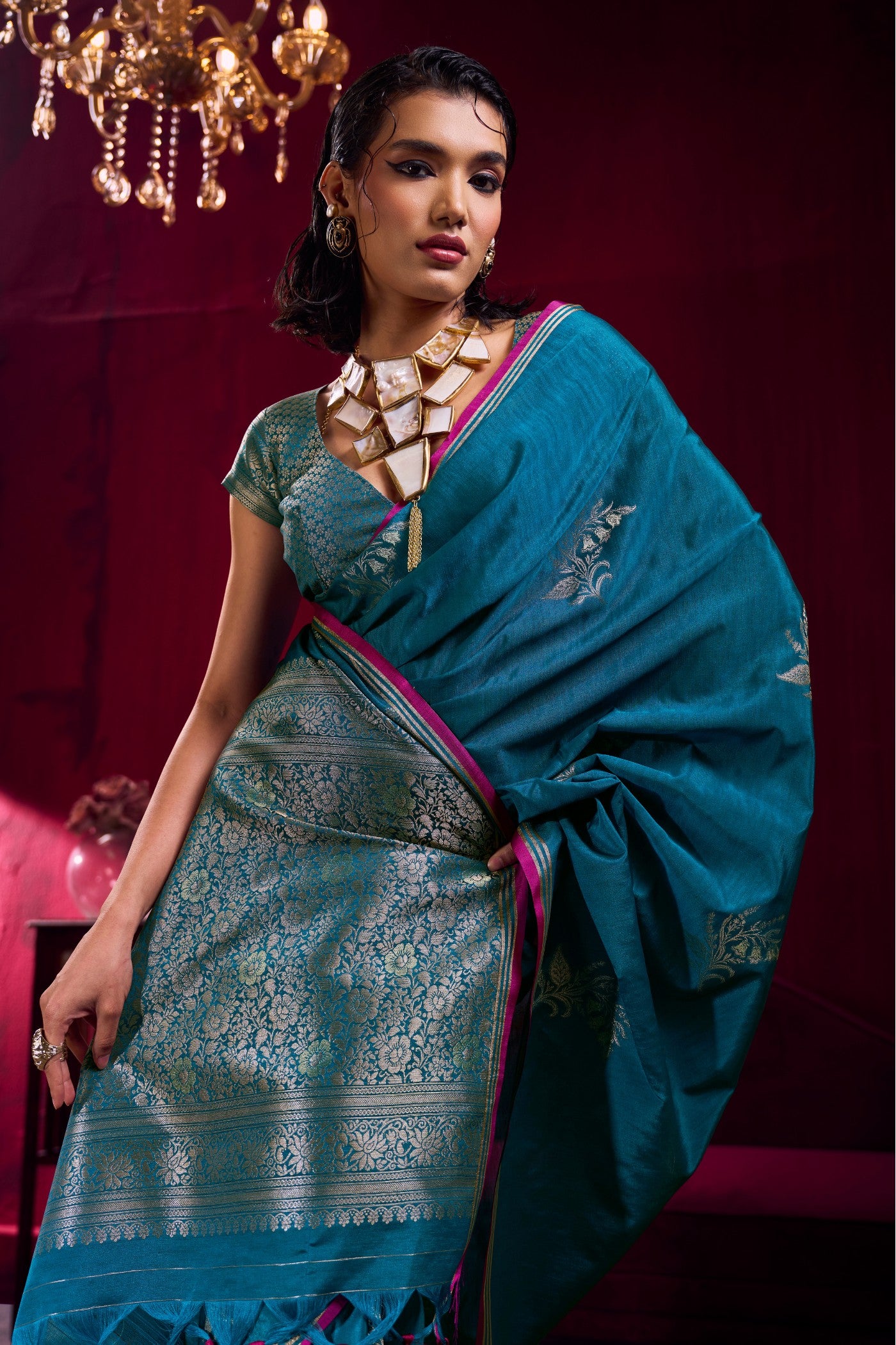 MySilkLove France Blue Handloom Satin Soft Silk Saree