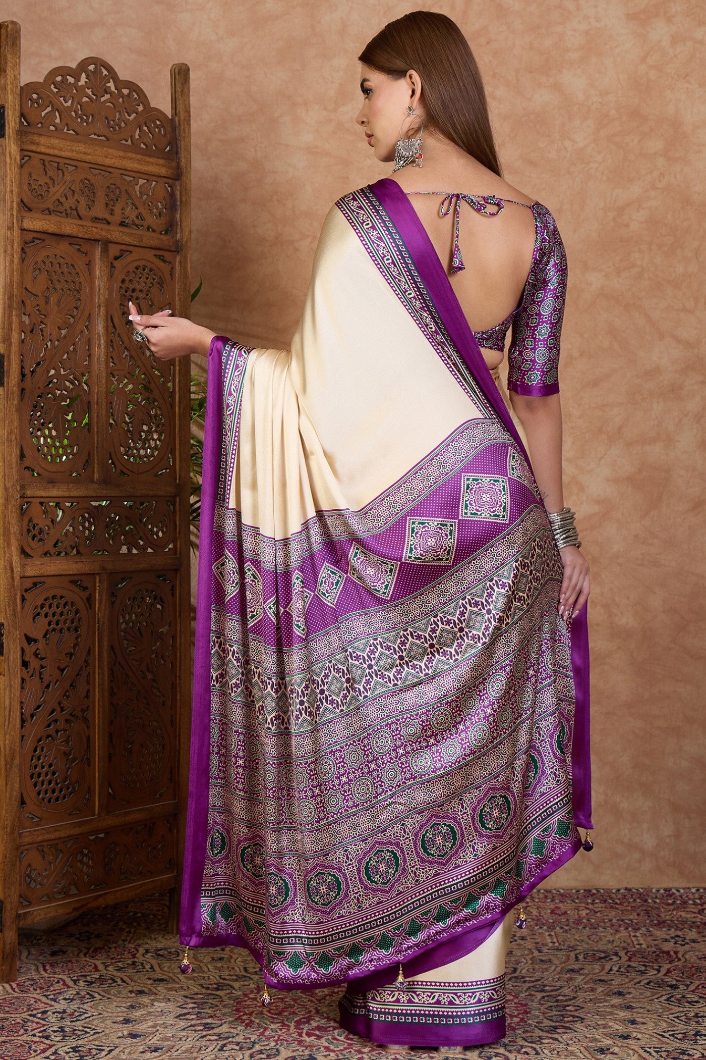Buy MySilkLove Ivory Cream and Purple Ajrakh Printed Satin Crepe Silk Saree Online