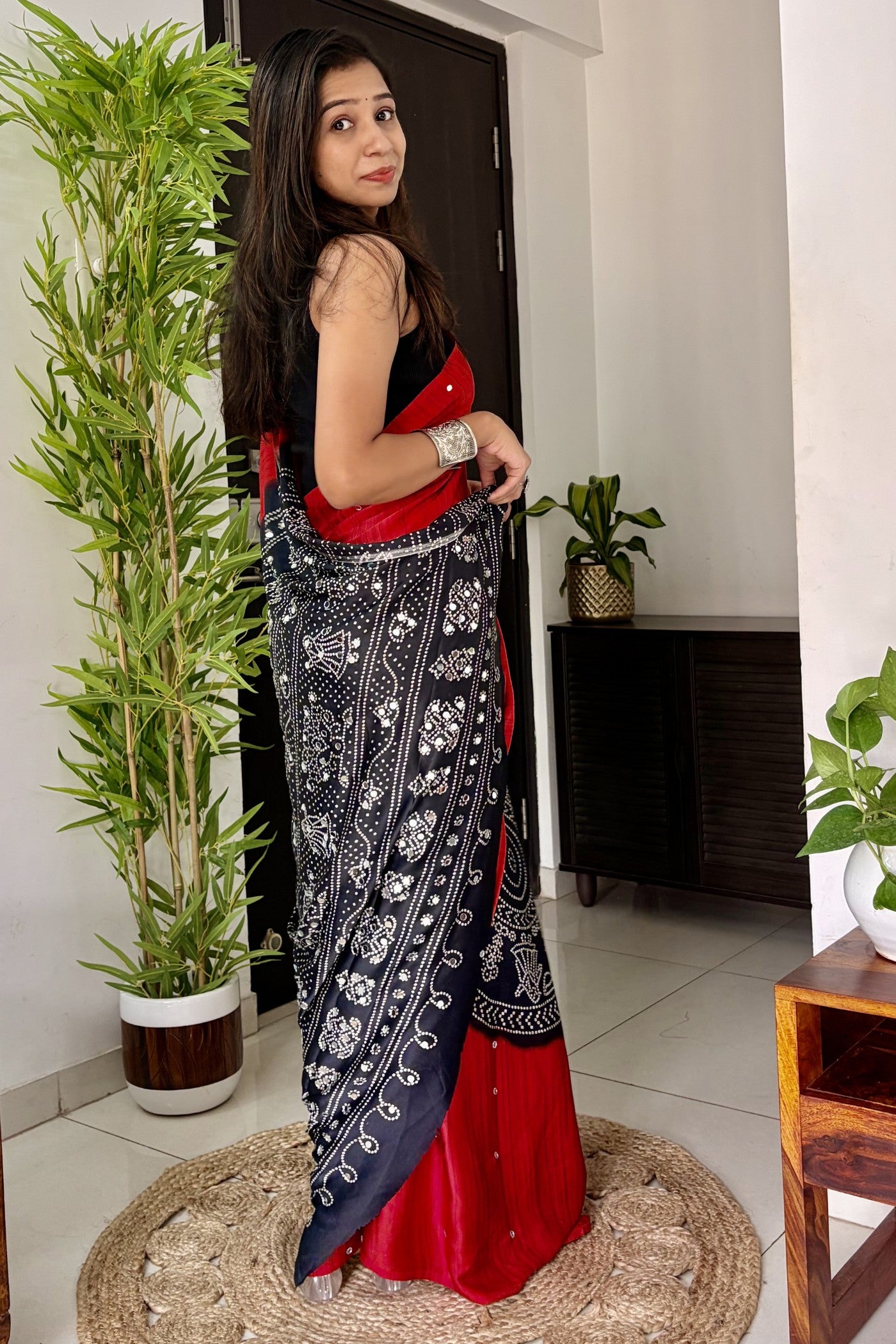 Buy MySilkLove Ruby Red and Black Gaji Bandej Satin Soft Silk Saree Online