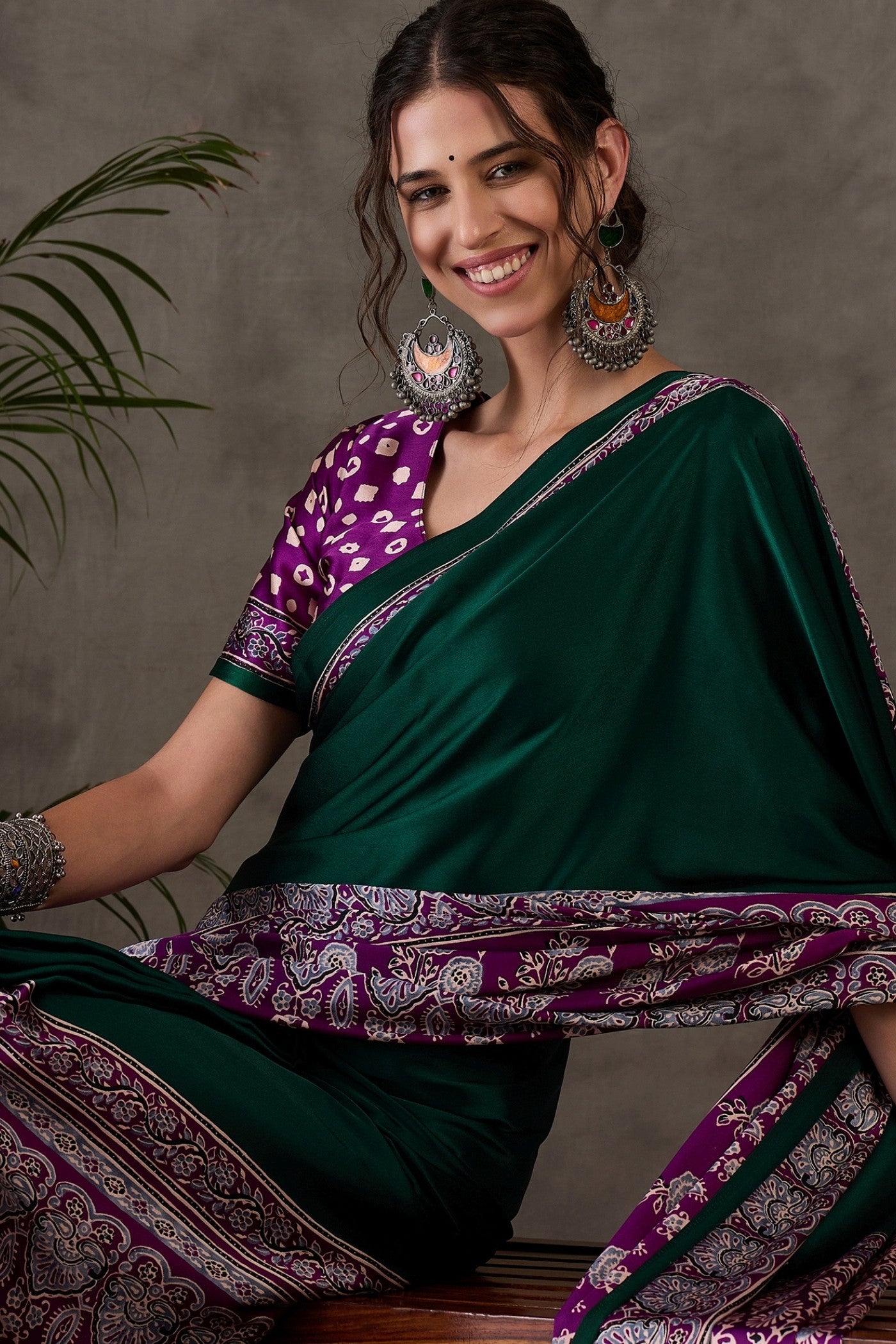 MySilkLove Bottle Green Printed Satin Gaji Silk Saree