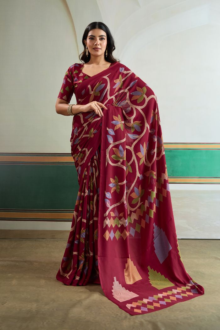 Buy MySilkLove Claret Maroon Modal Ajrakh Printed Satin Silk Saree Online