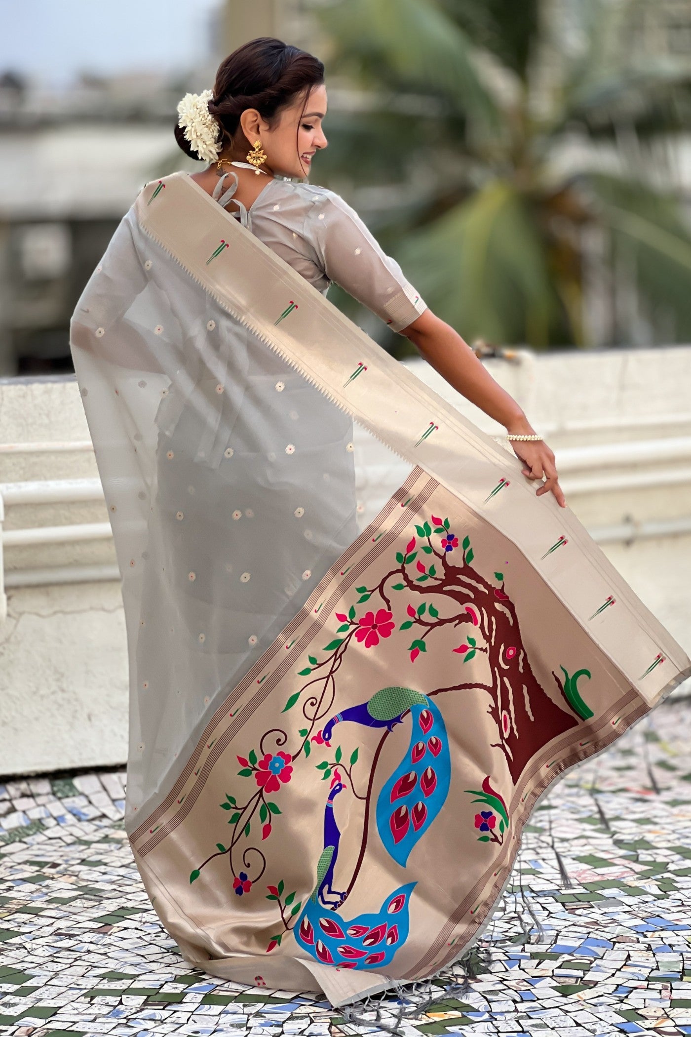 Buy MySilkLove Steel Grey Organza Woven Paithani Saree Online