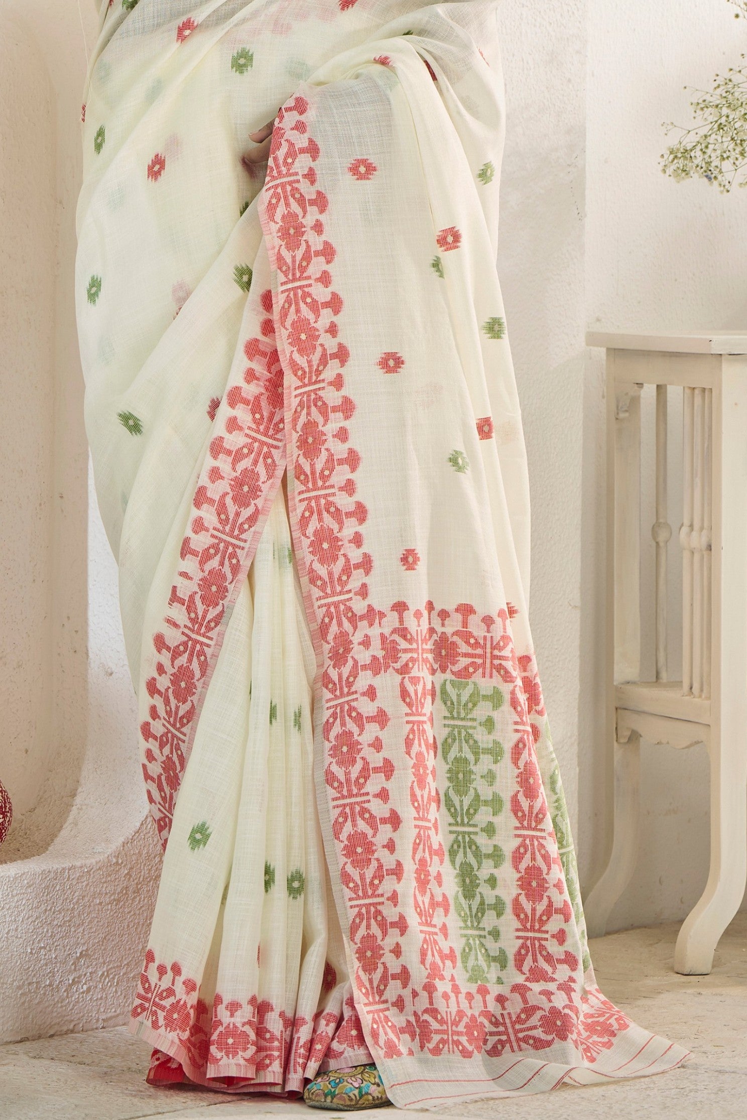 Buy MySilkLove Albescent White Woven Linen Saree Online