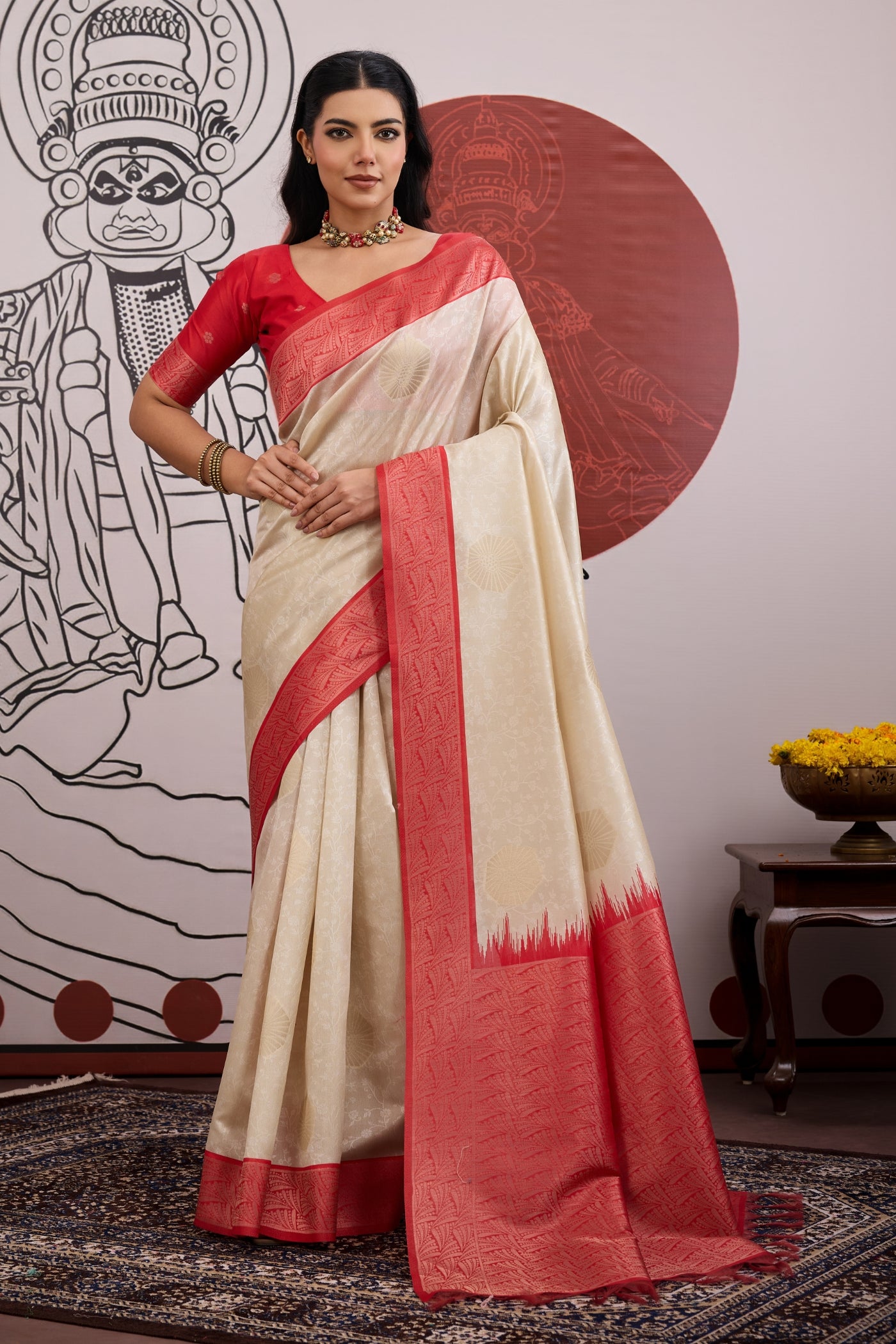 Buy MySilkLove Oat Cream and Red Handloom South Silk Saree Online