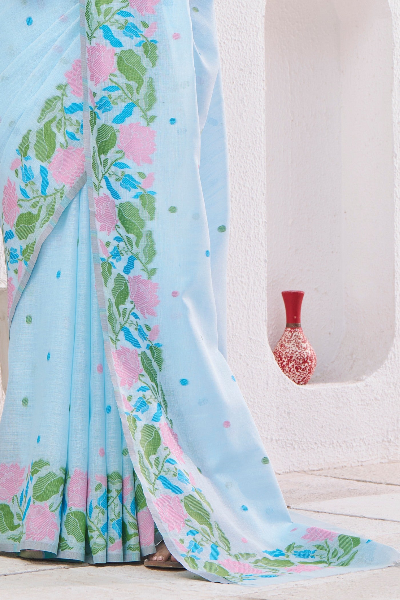 Buy MySilkLove Morning Glory Blue Woven Linen Saree Online