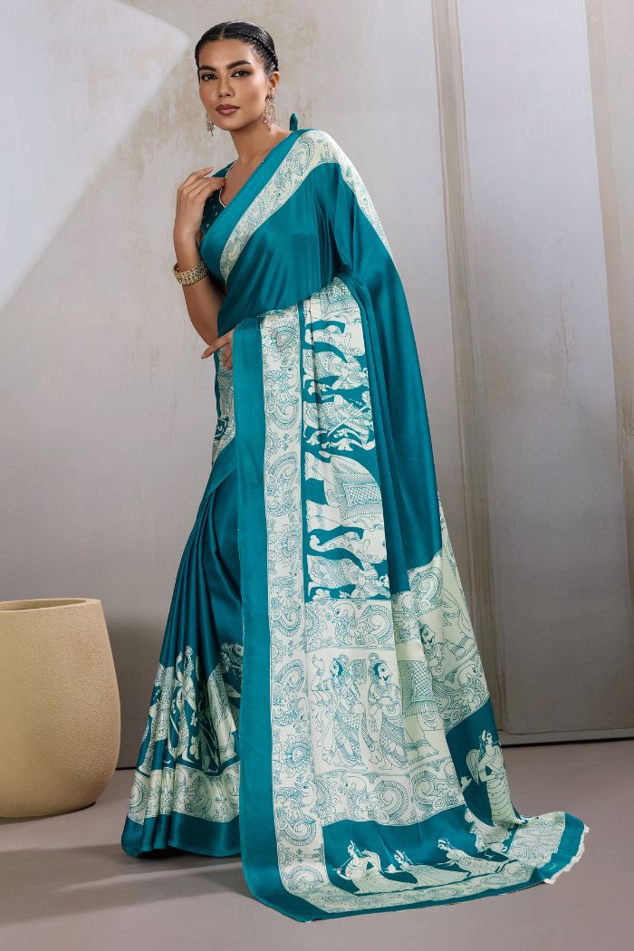 Buy MySilkLove Water Blue Modal Ajrakh Printed Satin Silk Saree Online
