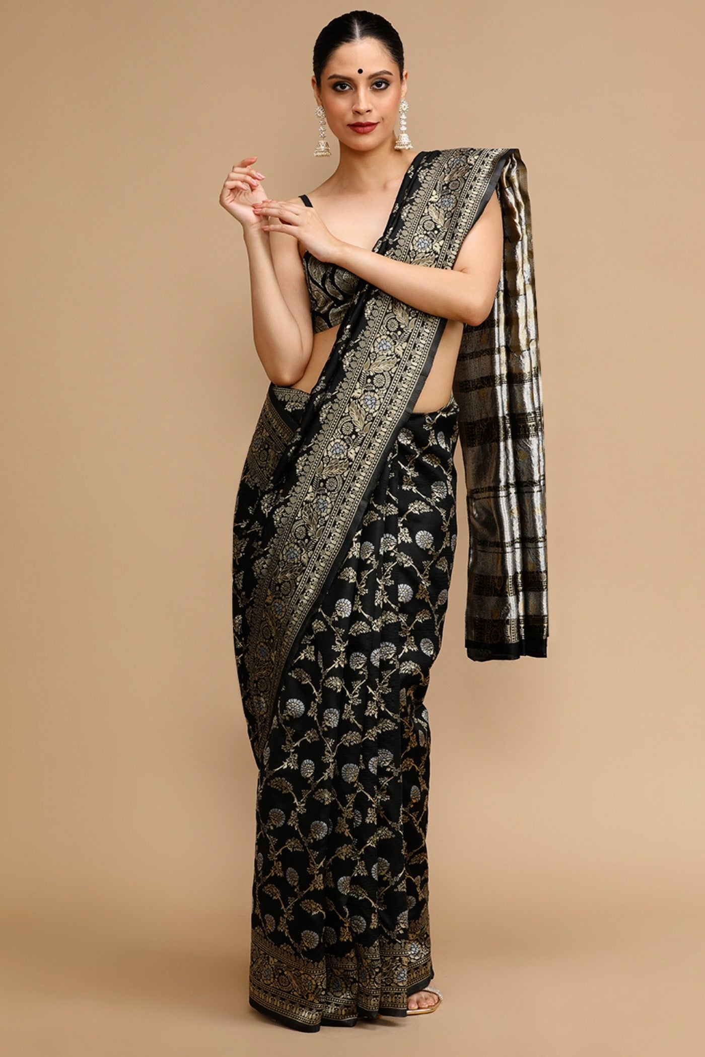 Buy MySilkLove Coal Black Woven Jacquard Lichi Silk Saree Online