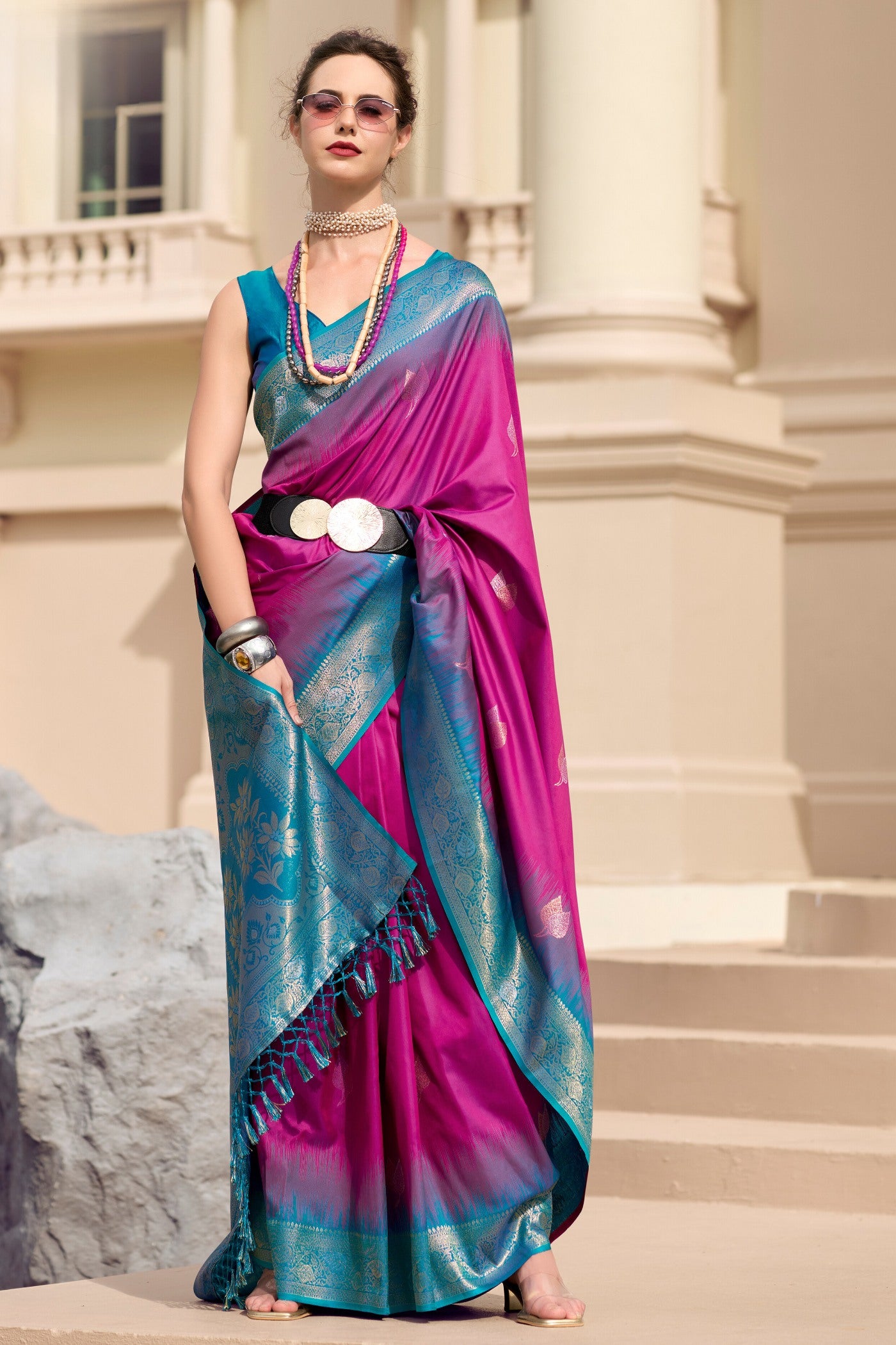 Buy MySilkLove Cerise Purple Woven Banarasi Soft Silk Saree Online