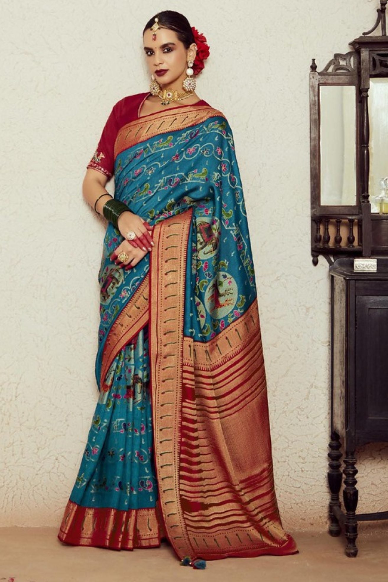 Buy MySilkLove Calypso Blue Printed Brasso Soft Silk Saree Online