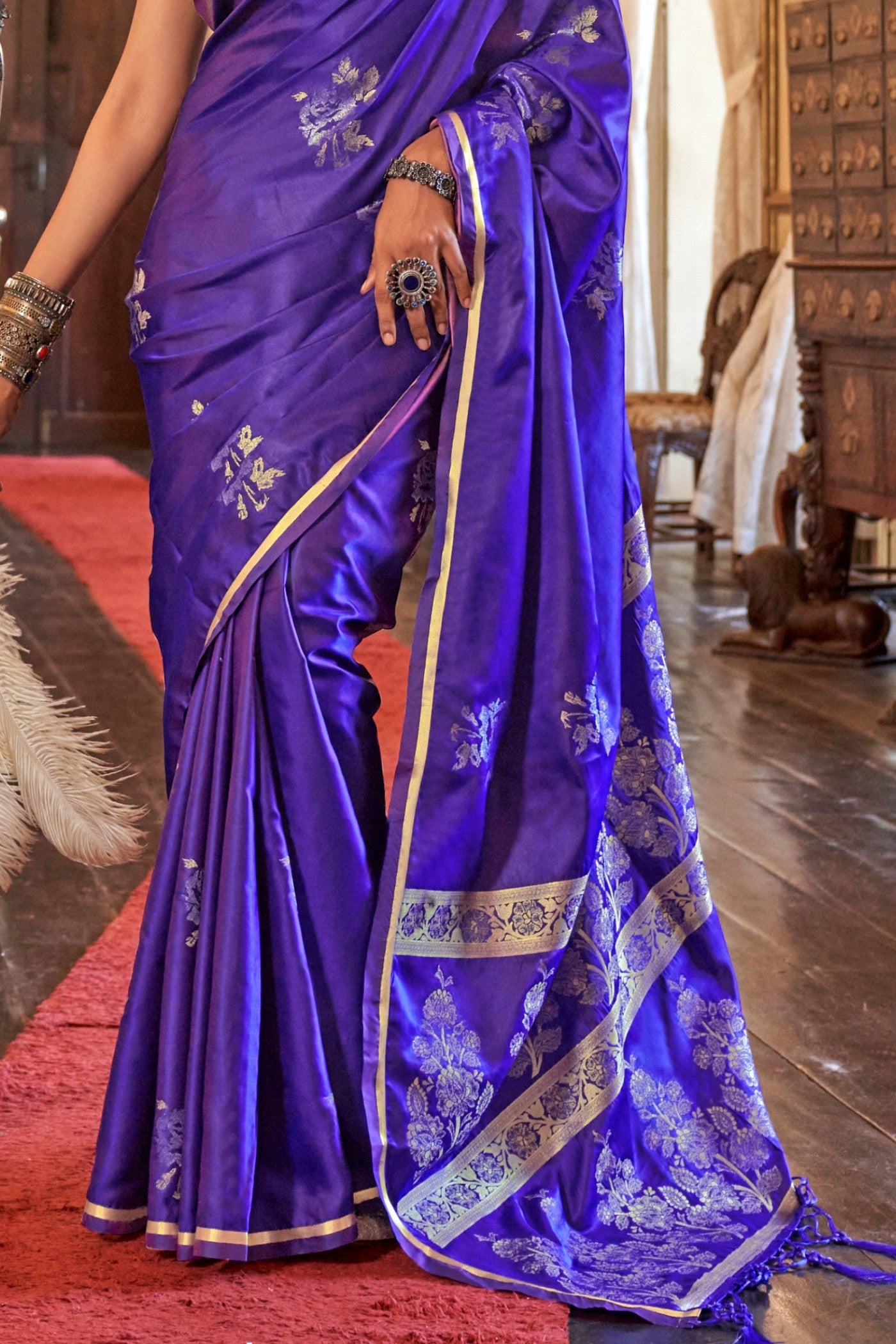 Buy MySilkLove Neon Blue Banarasi Satin Saree Online