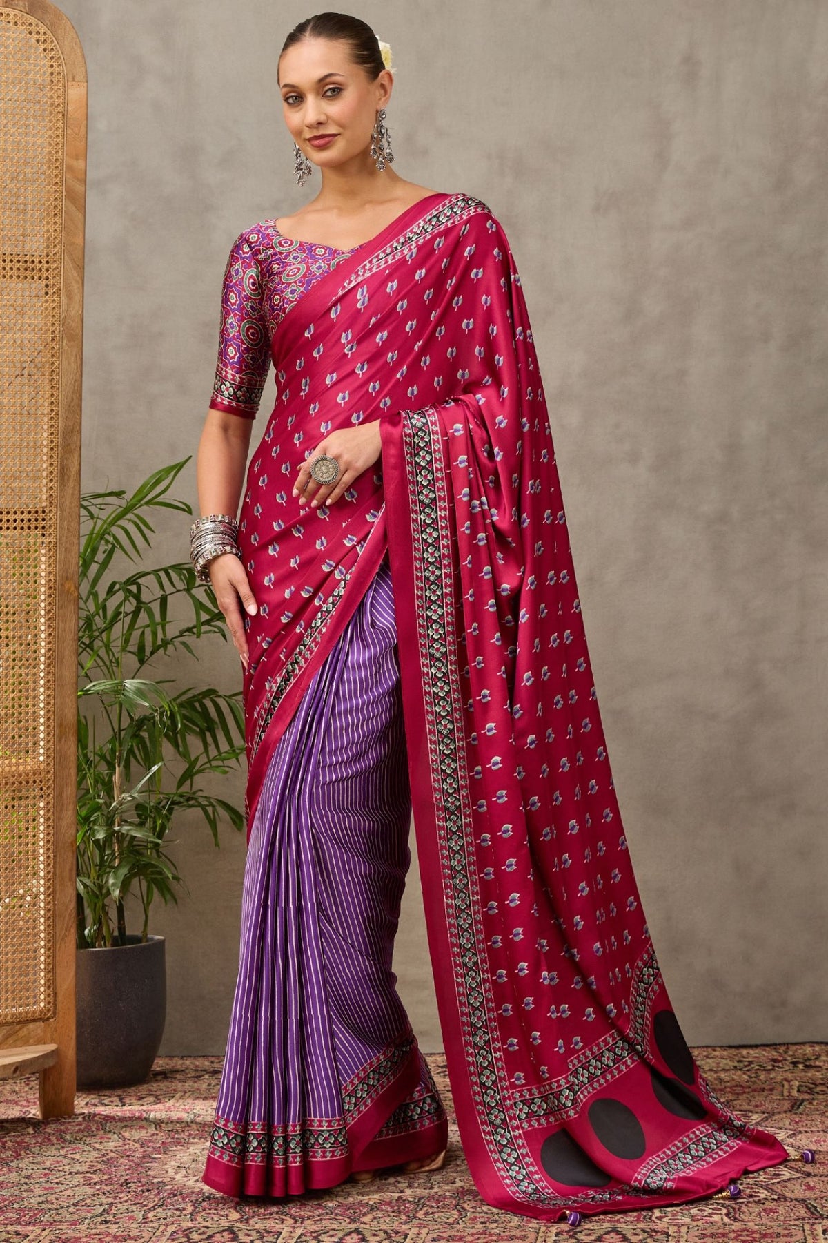 Buy MySilkLove Ruby Maroon and Purple Modal Satin Printed Silk Saree Online