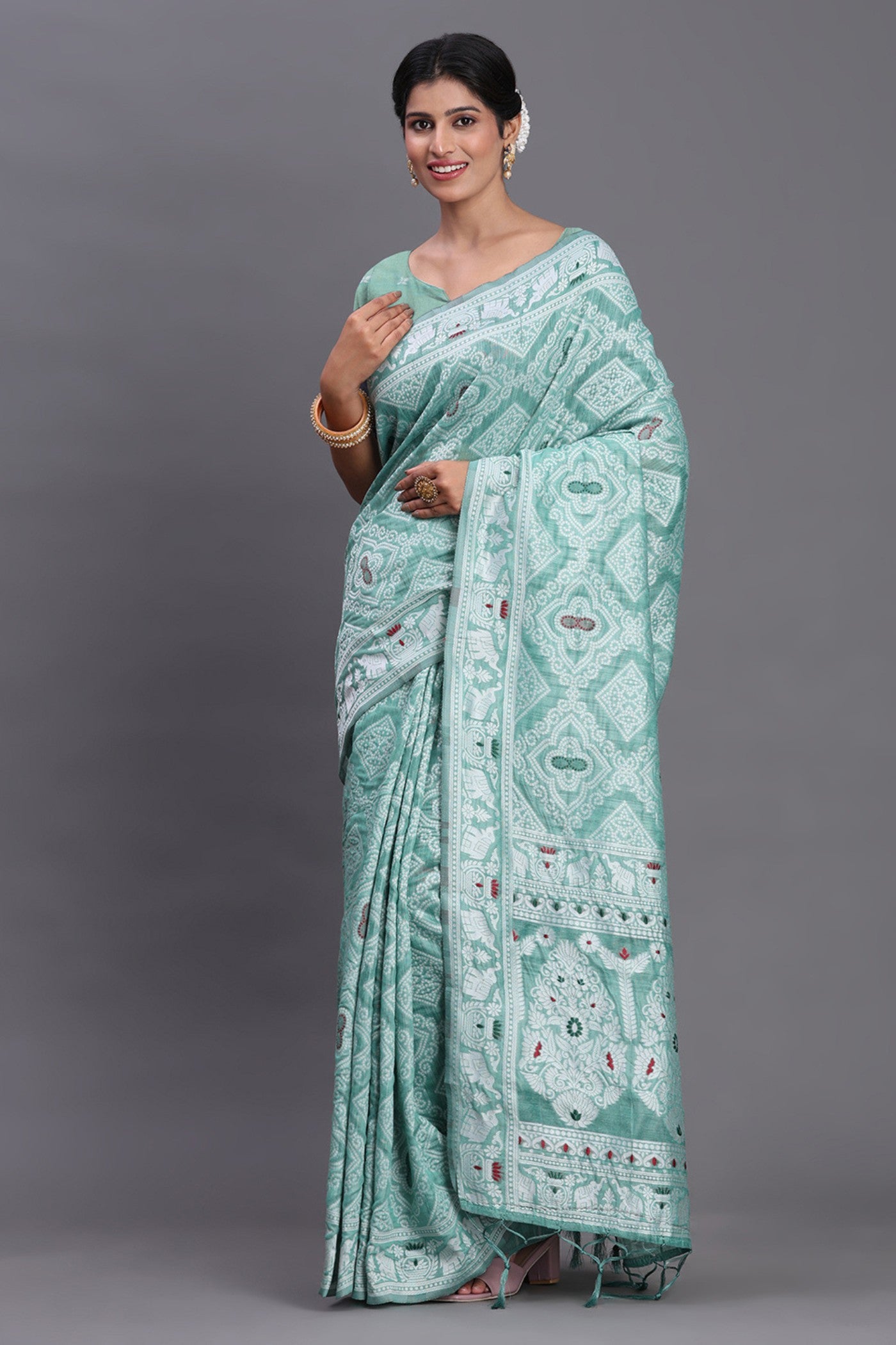 Buy MySilkLove Myrtle Green Linen Cotton Saree Online