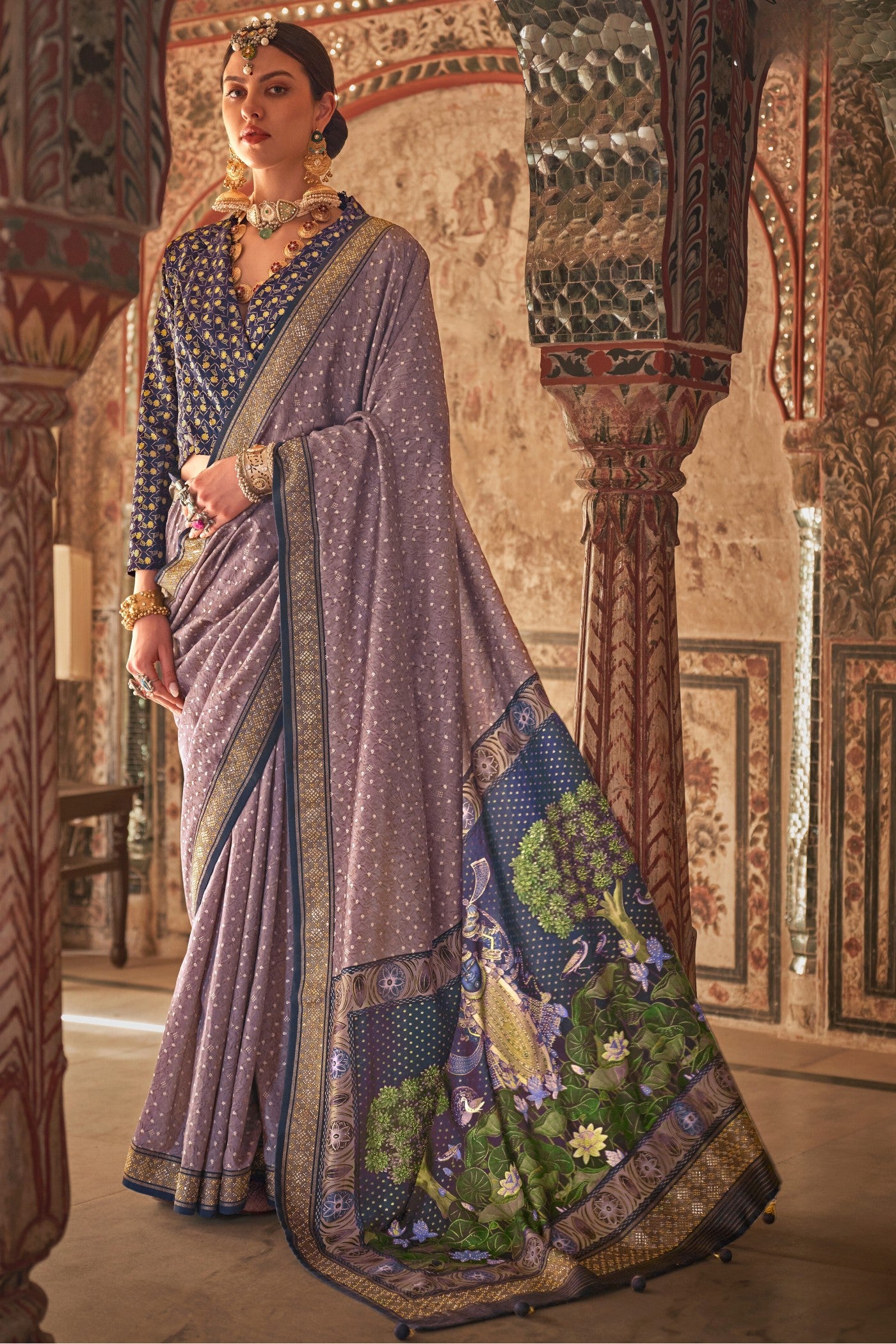 Buy MySilkLove Taupe Purple Printed Patola Saree Online