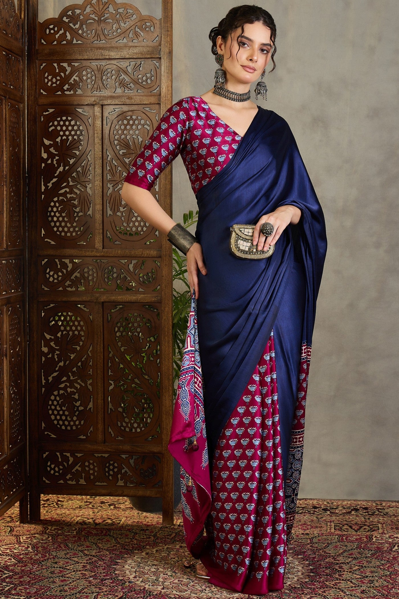 Buy MySilkLove Navy Blue and Purple Ajrakh Printed Satin Crepe Silk Saree Online