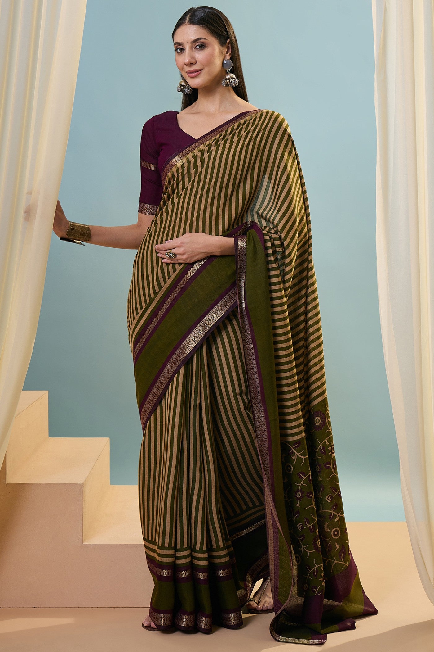Buy MySilkLove Grass Green Woven Cotton Saree Online