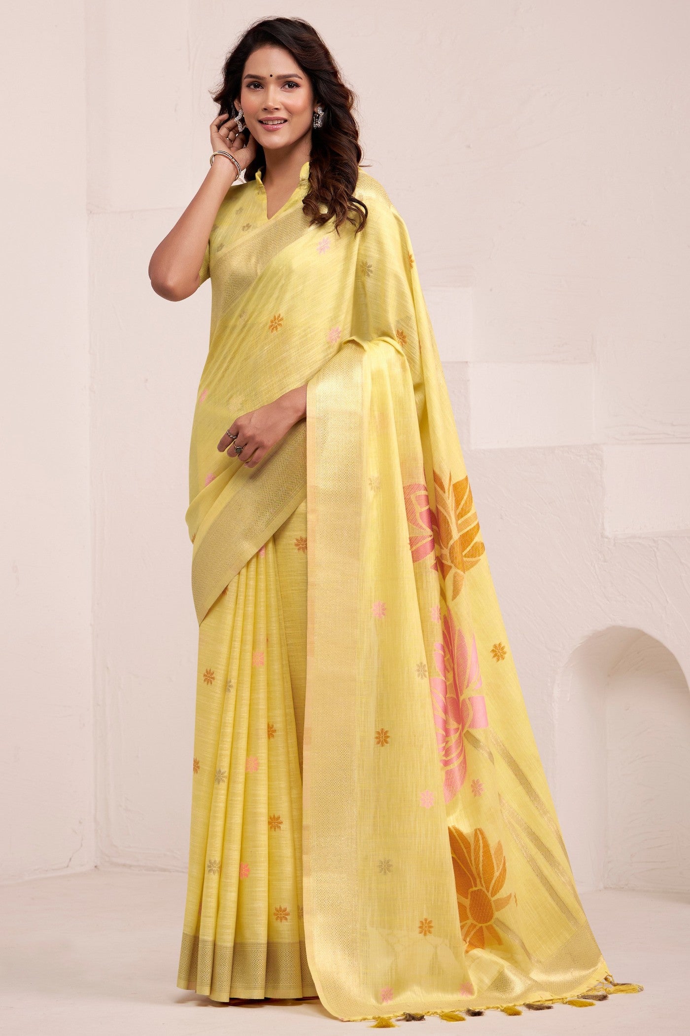 Buy MySilkLove Bronze Yellow Woven Linen Saree Online