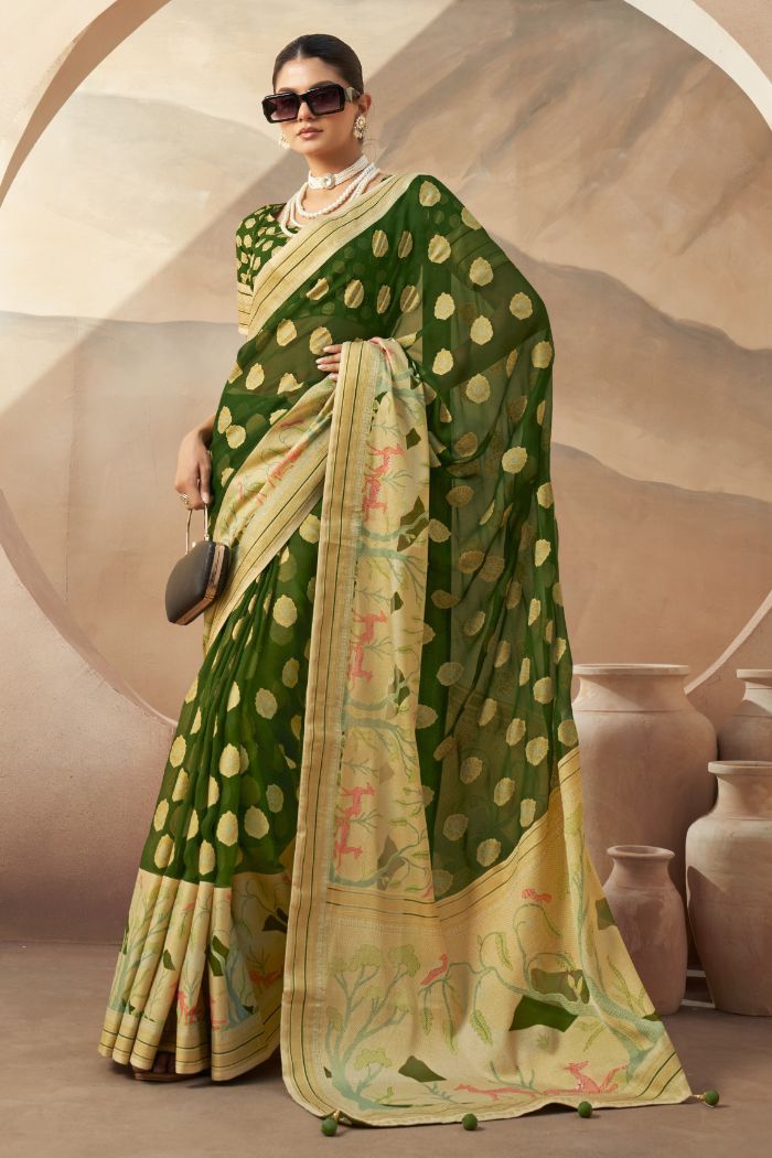 Buy MySilkLove Clover Green Woven Georgette saree Online