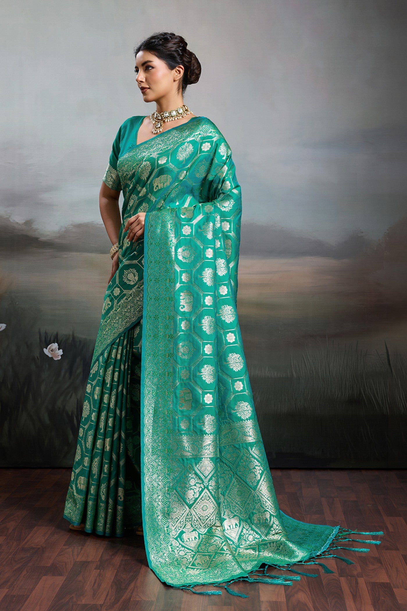 MySilkLove Myrtle Green Woven Banarasi Soft Silk Saree