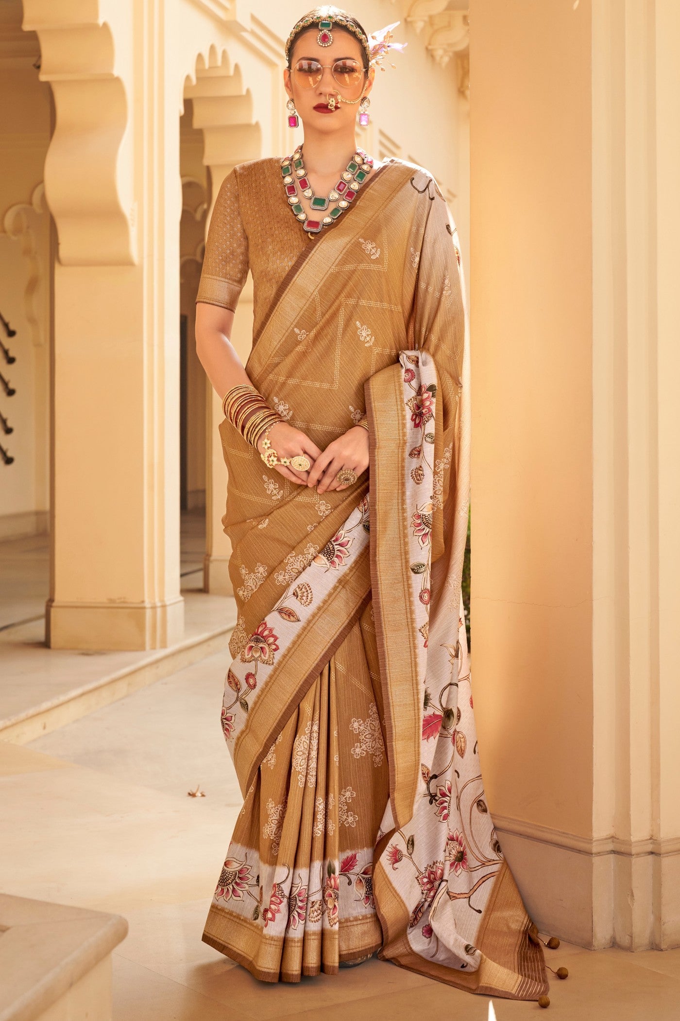 Buy MySilkLove Rajah Brown Floral Printed Banarasi Saree Online