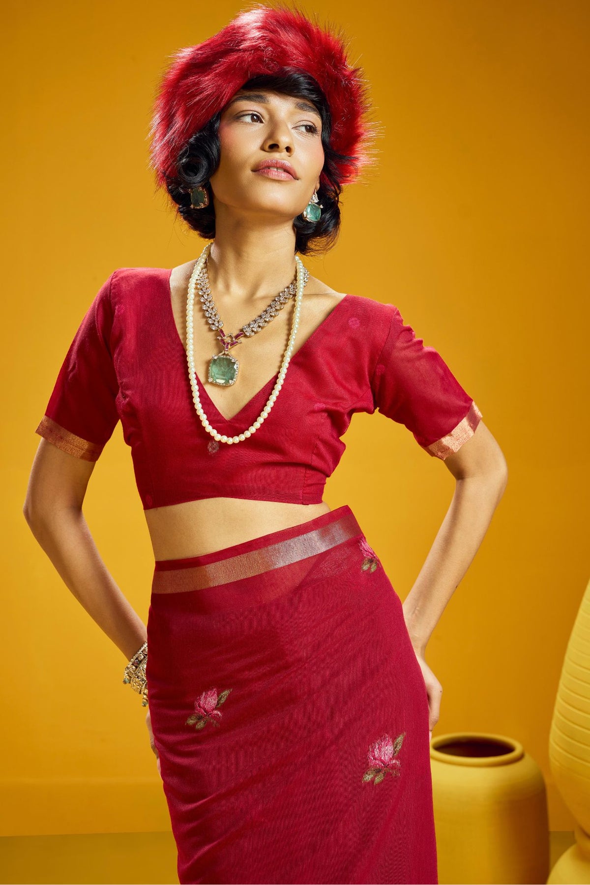 Buy MySilkLove Cherry Red Handloom Muga Cotton Saree Online