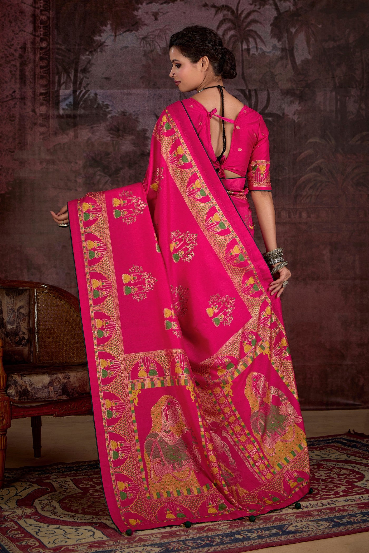 Buy MySilkLove Rose Pink Tussar Rajwadi Printed Silk Saree Online