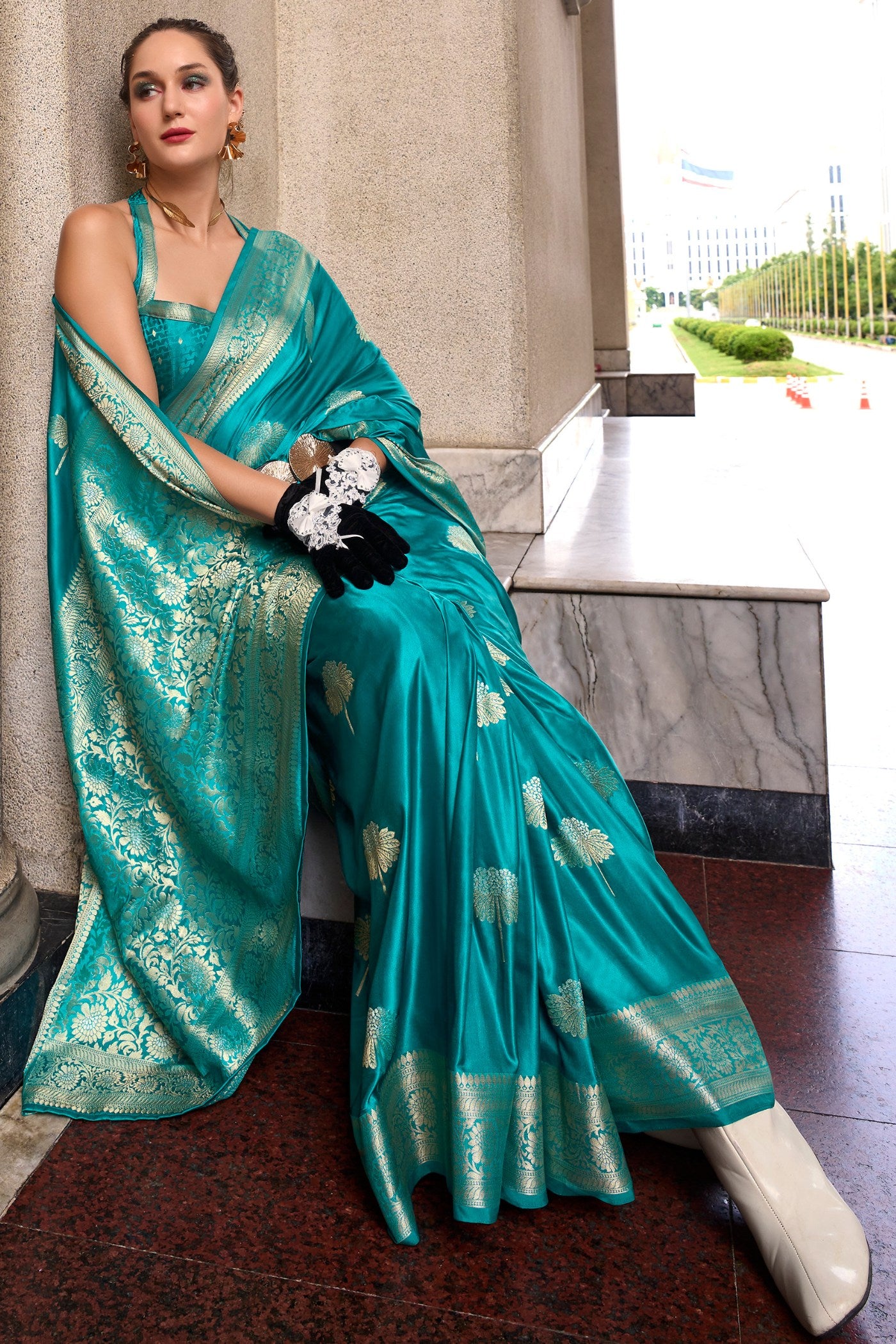 Buy MySilkLove Olumpic Blue Handloom Satin Silk Saree Online