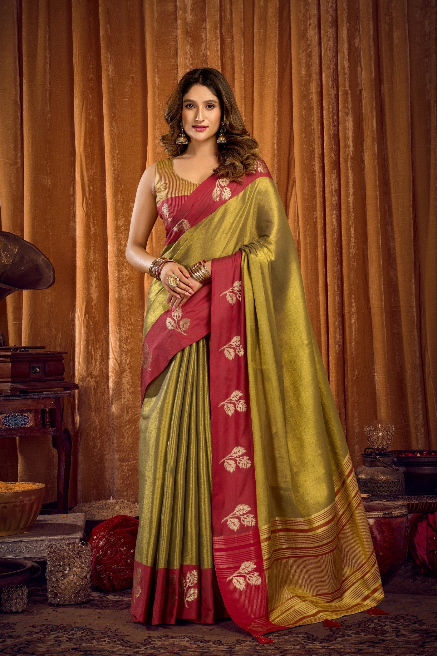 Buy MySilkLove Lime Green Woven Tissue Saree Online