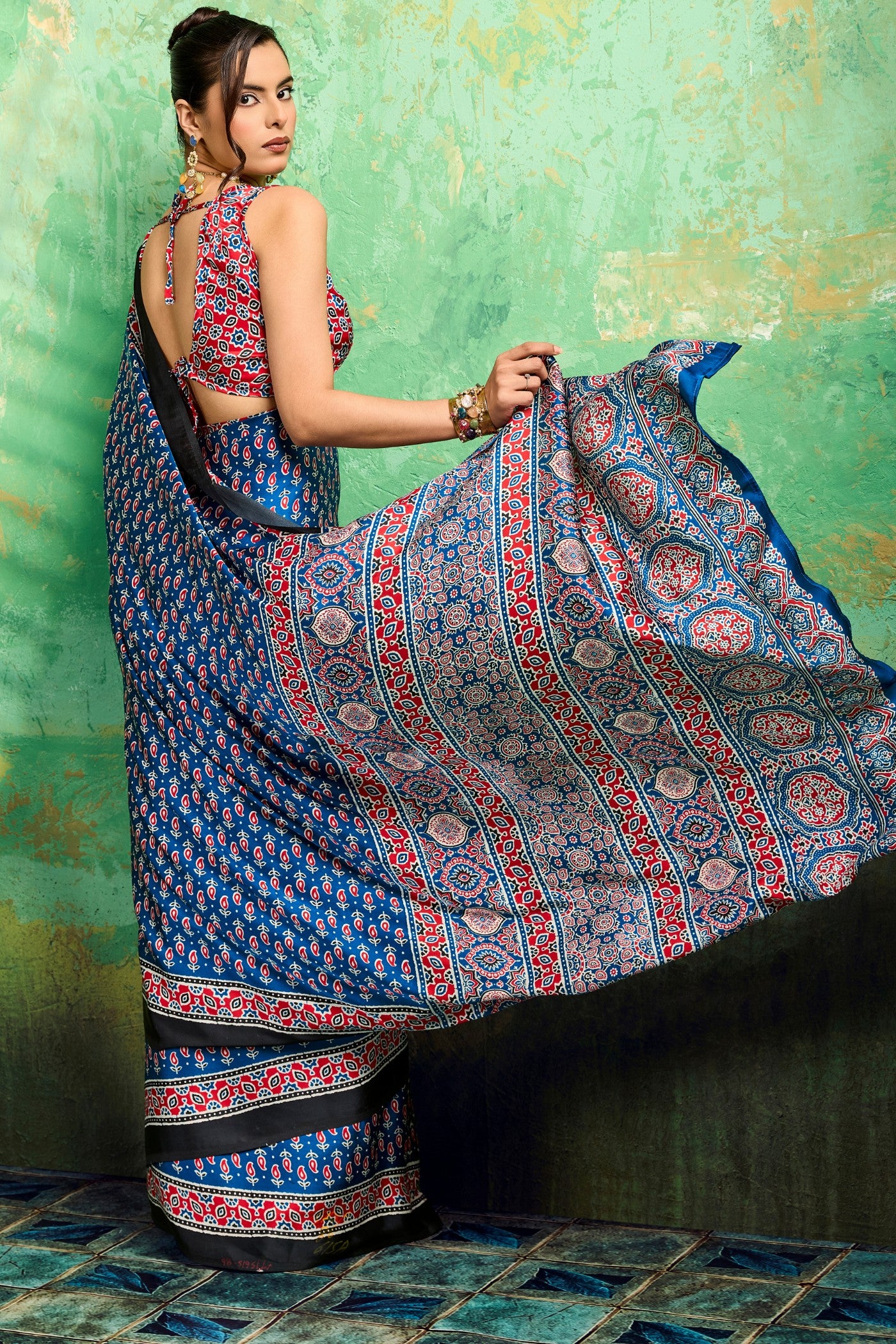 Buy MySilkLove Celestial Blue Modal Ajrakh Satin Printed Silk Saree Online