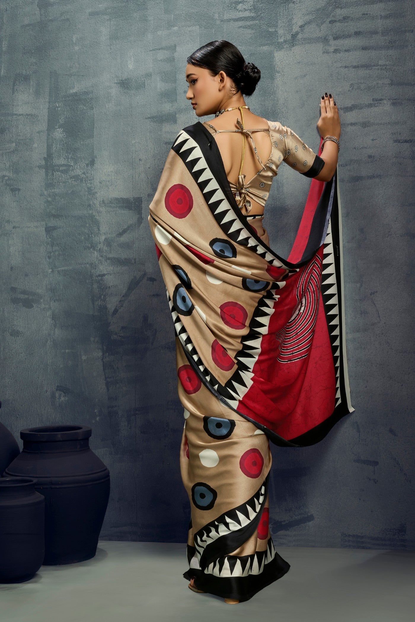 Buy MySilkLove Walnut Brown Ajrakh Printed Satin Crepe Silk Saree Online