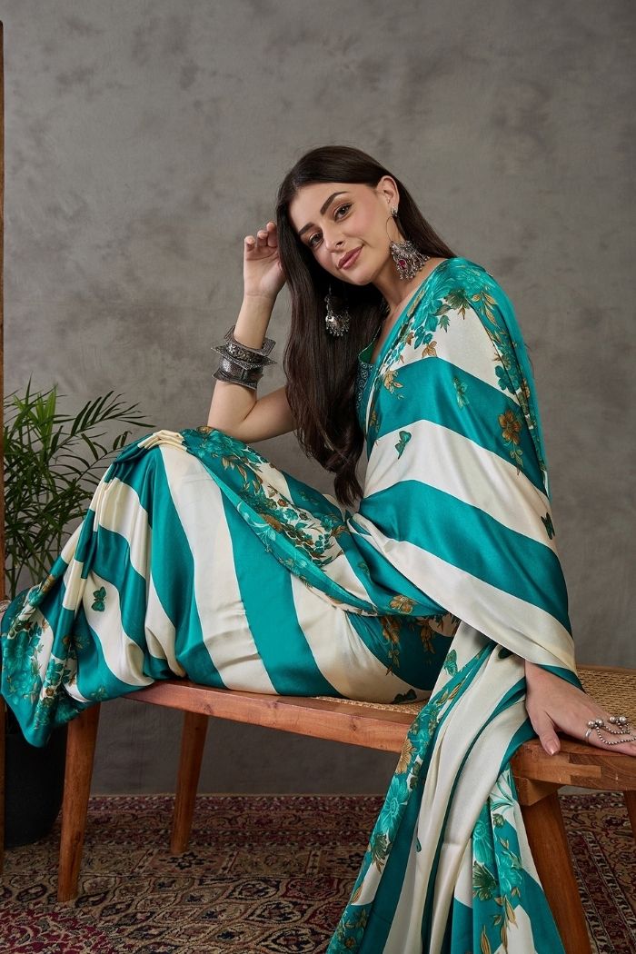 Buy MySilkLove Water Blue Stripe Printed Floral Satin Gaji Silk Saree Online