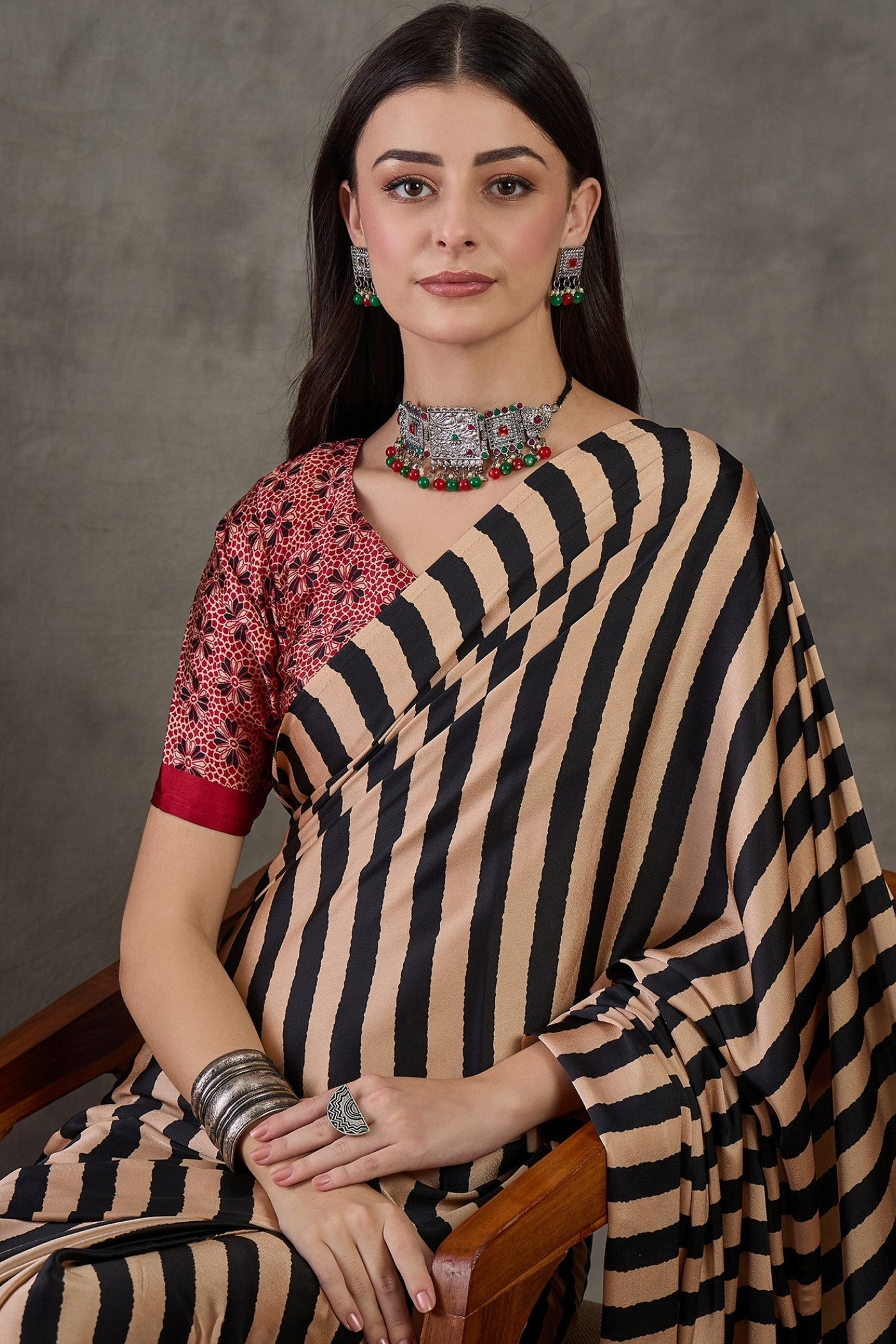 Buy MySilkLove Buff Cream Stripe Ajrakh Printed Satin Gaji Silk Saree Online