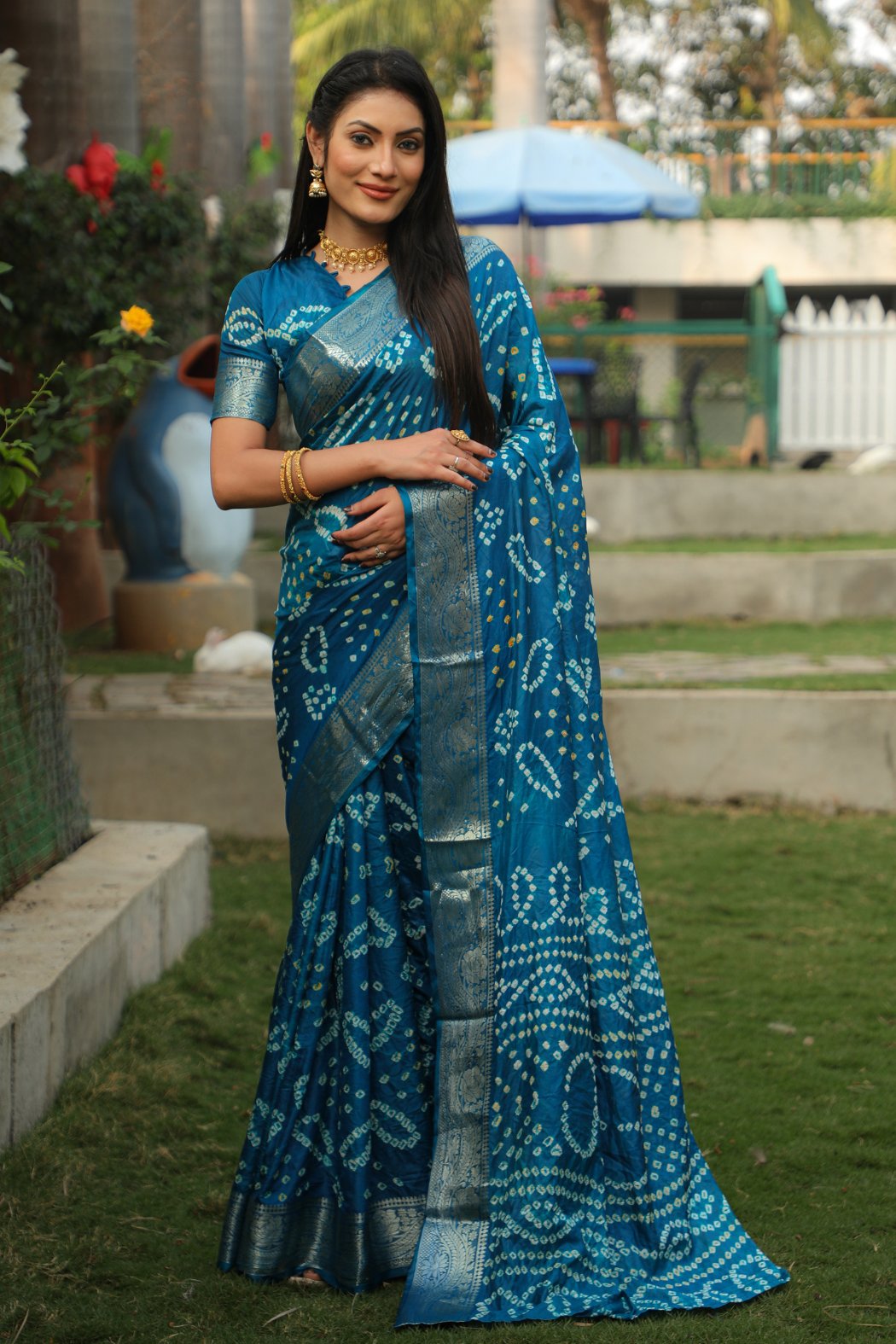 Buy MySilkLove Chathams Blue Designer Bandhani Printed Saree Online